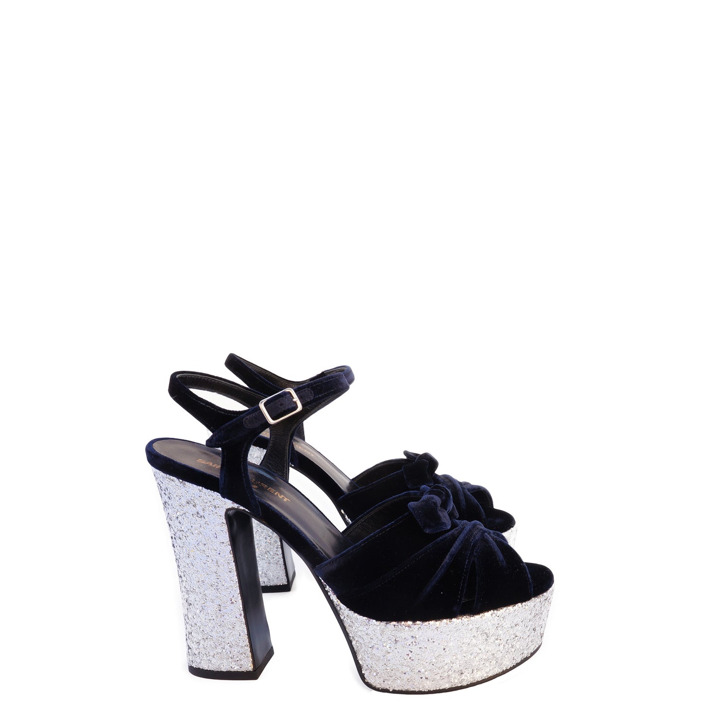 SAINT LAURENT CANDY VELVET AND GLITTER PLATFORM SANDALS - leefluxury.com