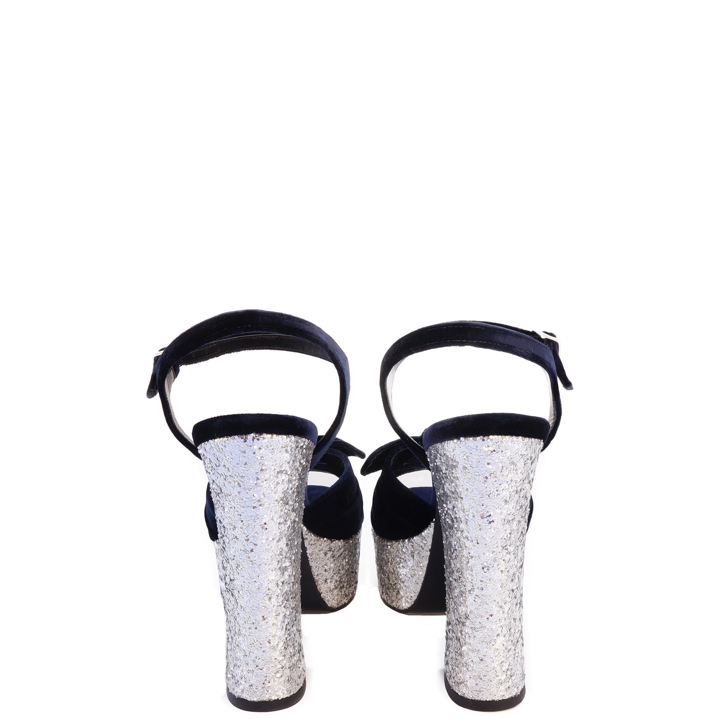 SAINT LAURENT CANDY VELVET AND GLITTER PLATFORM SANDALS - leefluxury.com