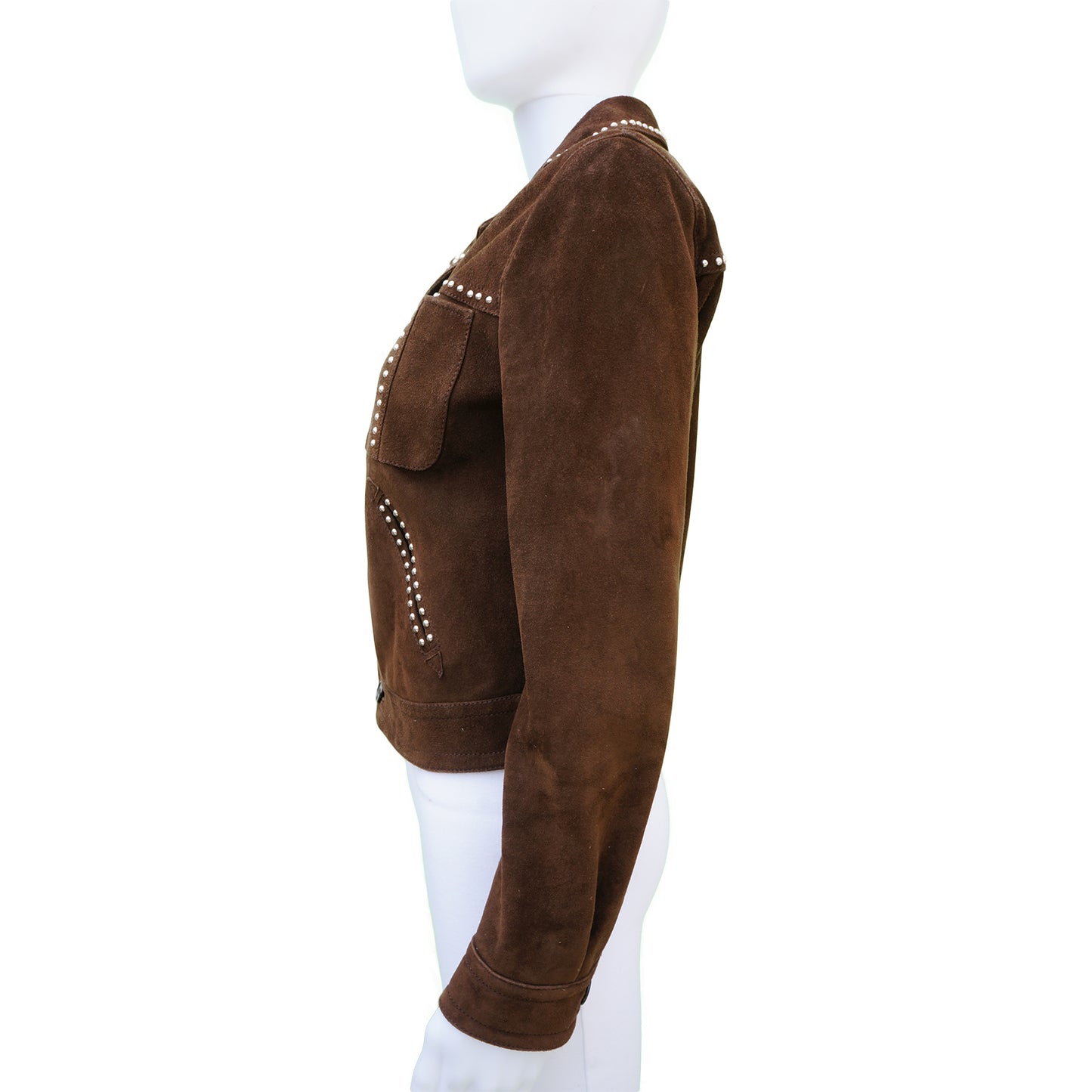 SAINT LAURENT BROWN SUEDE STUDDED JACKET - leefluxury.com