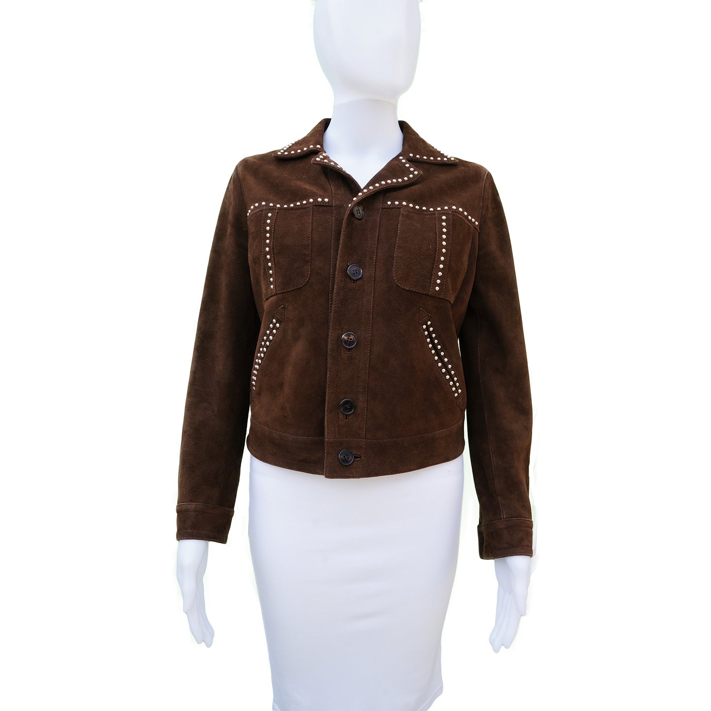 SAINT LAURENT BROWN SUEDE STUDDED JACKET - leefluxury.com