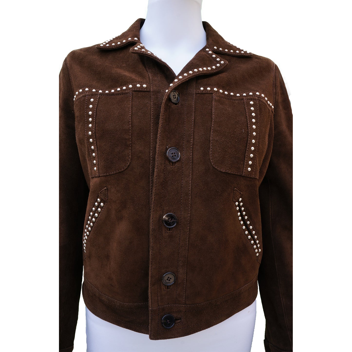 SAINT LAURENT BROWN SUEDE STUDDED JACKET - leefluxury.com