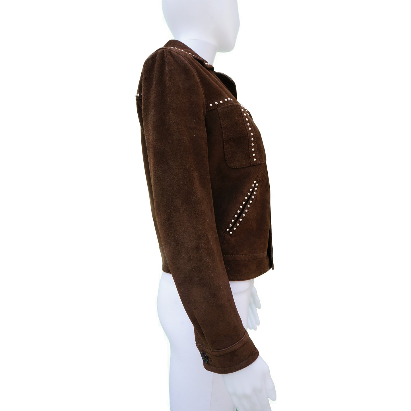 SAINT LAURENT BROWN SUEDE STUDDED JACKET - leefluxury.com