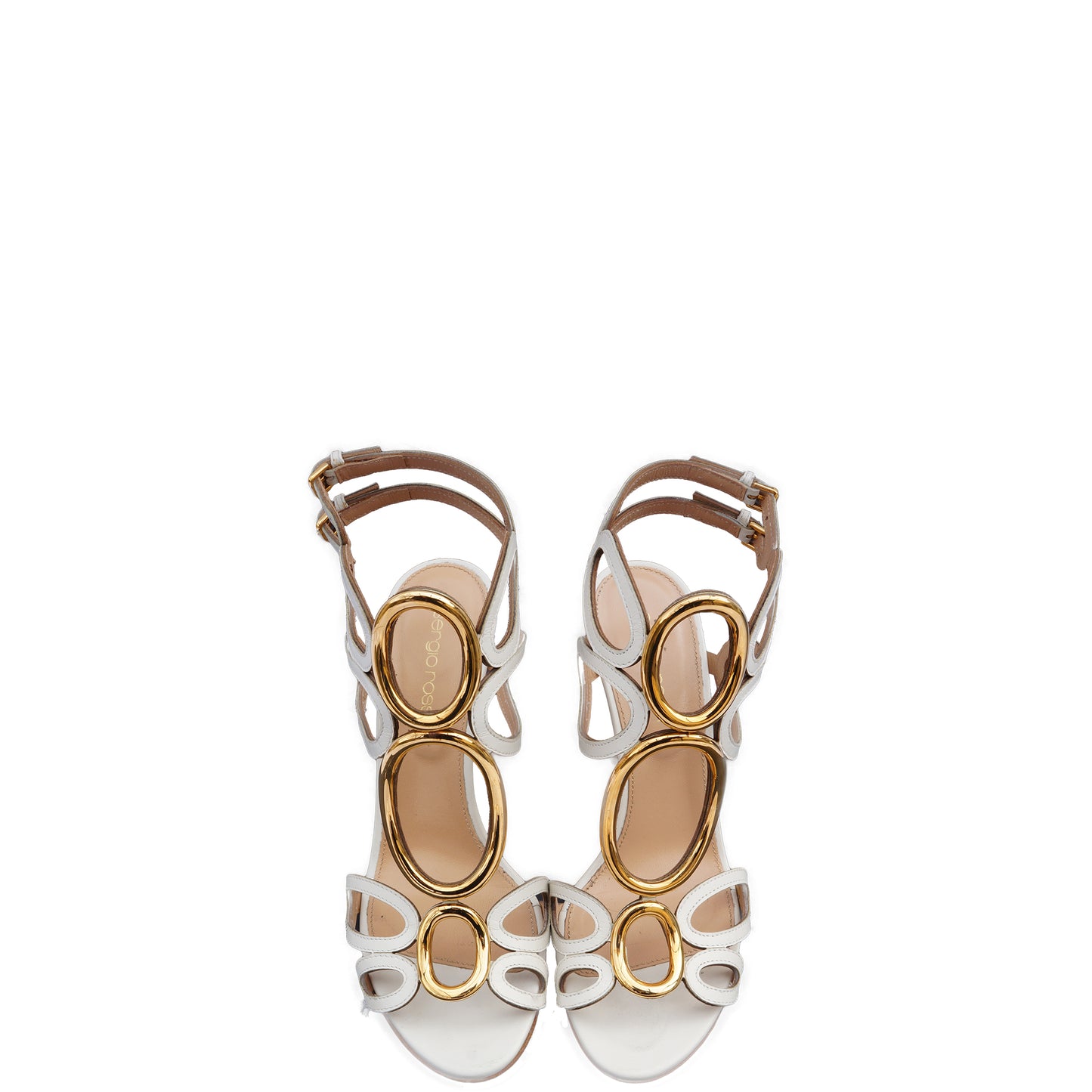 SERGIO ROSSI WHITE LEATHER CUTOUT & GOLD ACCENTS SANDALS - leefluxury.com