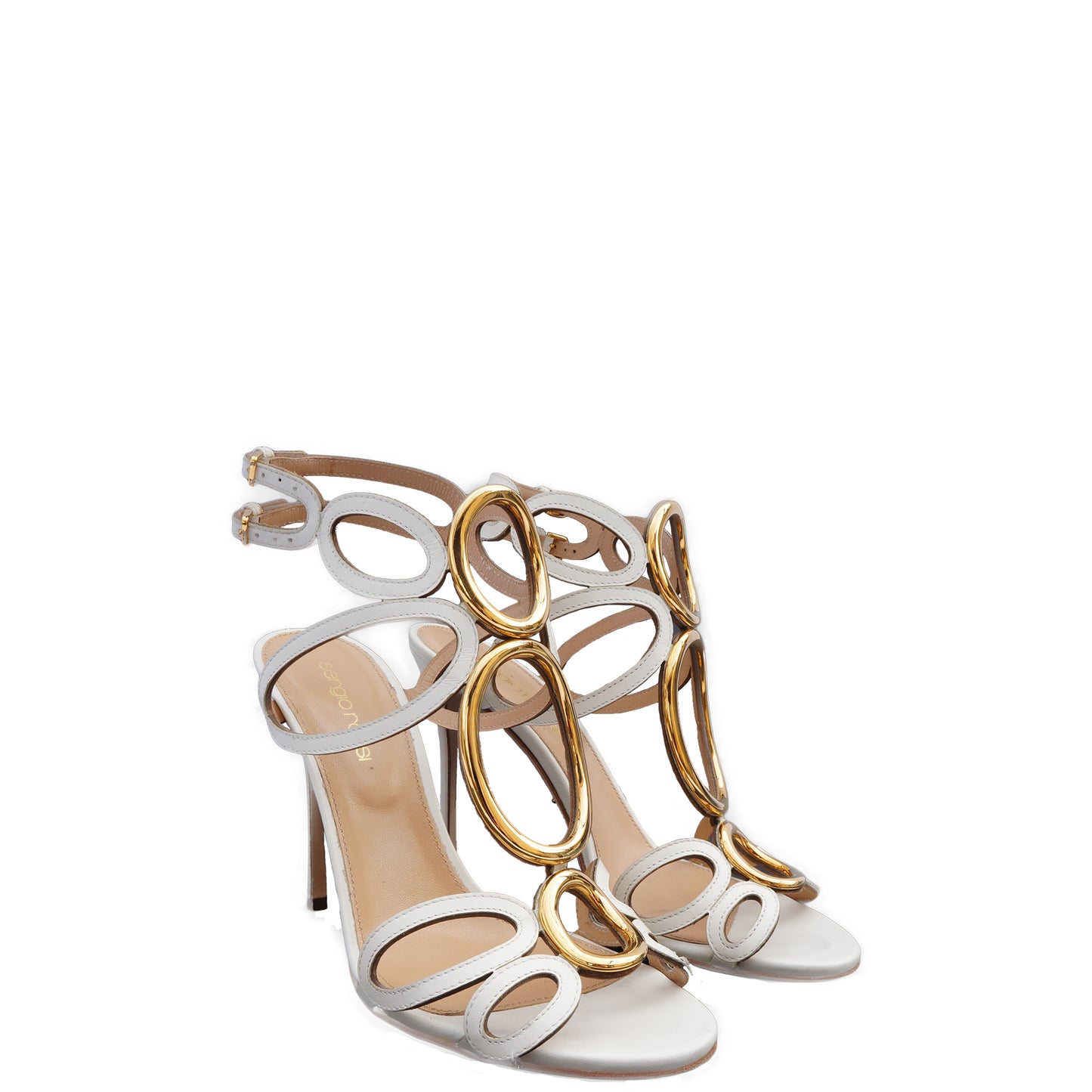 SERGIO ROSSI WHITE LEATHER CUTOUT & GOLD ACCENTS SANDALS - leefluxury.com