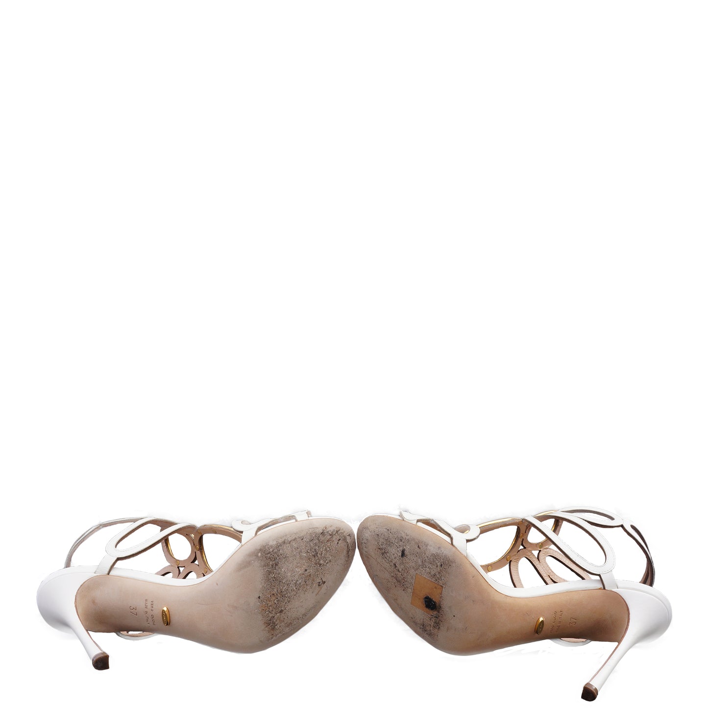 SERGIO ROSSI WHITE LEATHER CUTOUT & GOLD ACCENTS SANDALS - leefluxury.com