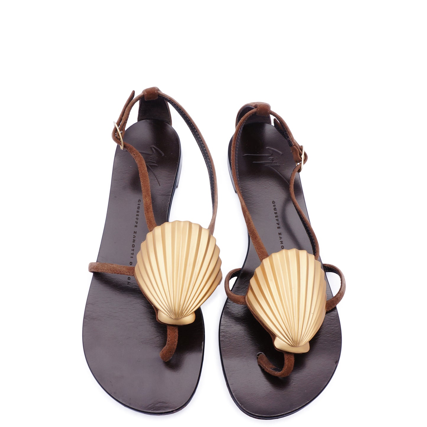 GIUSEPPE ZANOTTI BROWN SUEDE GOLD SHELL SANDALS - leefluxury.com