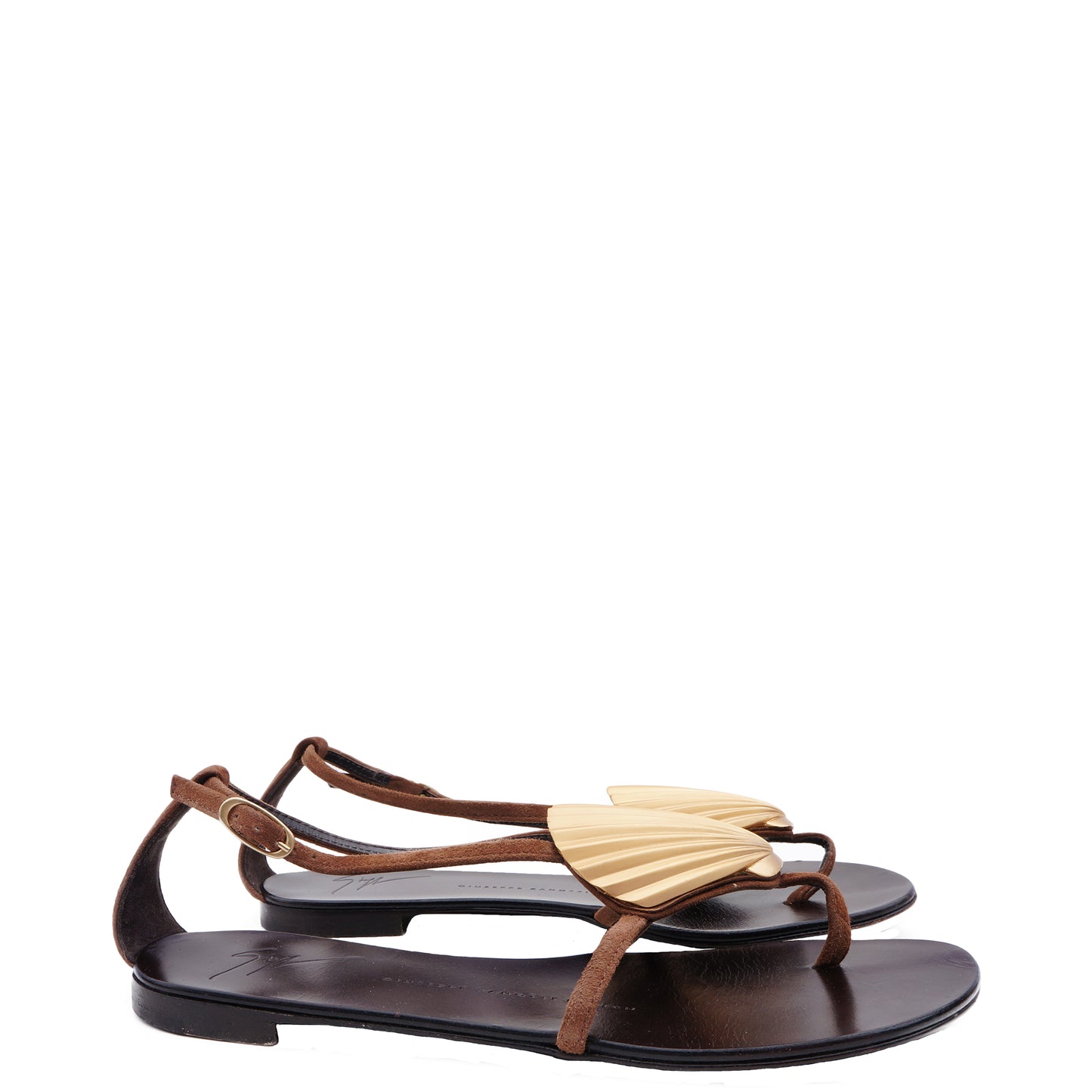 GIUSEPPE ZANOTTI BROWN SUEDE GOLD SHELL SANDALS - leefluxury.com
