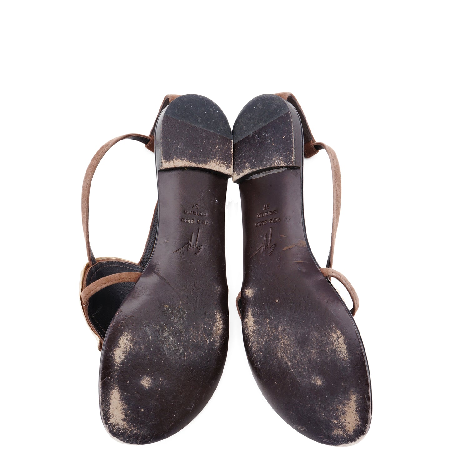 GIUSEPPE ZANOTTI BROWN SUEDE GOLD SHELL SANDALS - leefluxury.com