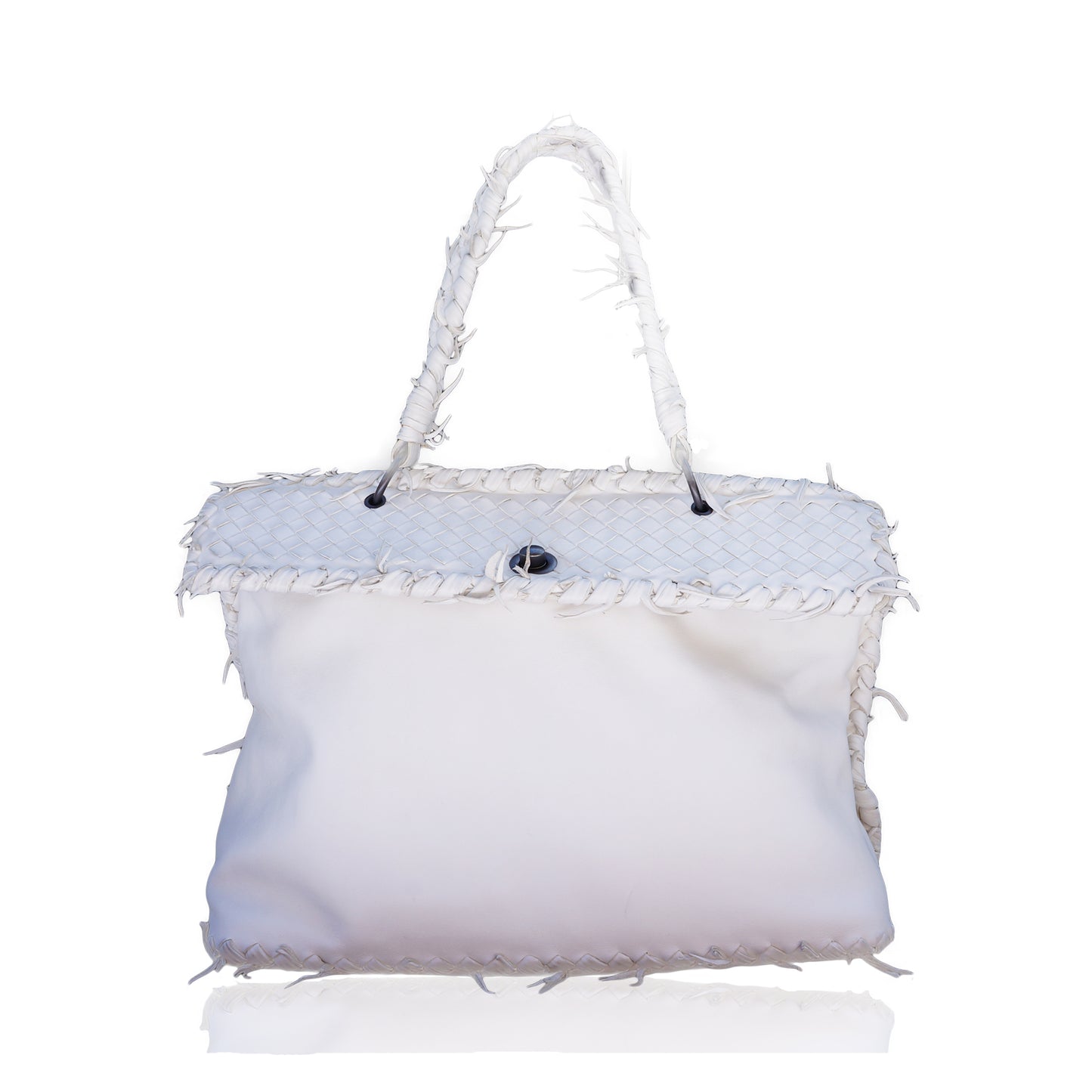 BOTTEGA VENETA IVORY LEATHER INTRECCIATO TRIM FRAME BAG - leefluxury.com