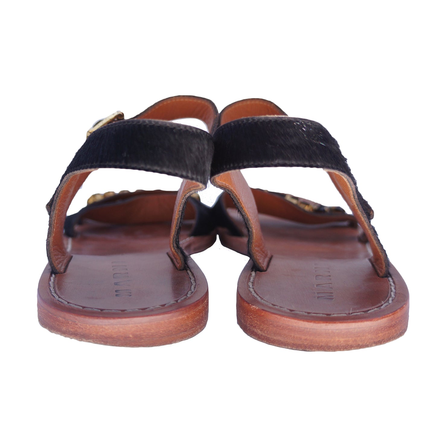 MARNI CRYSTAL FLAT LEATHER AND PONYHAIR SANDAL - leefluxury.com