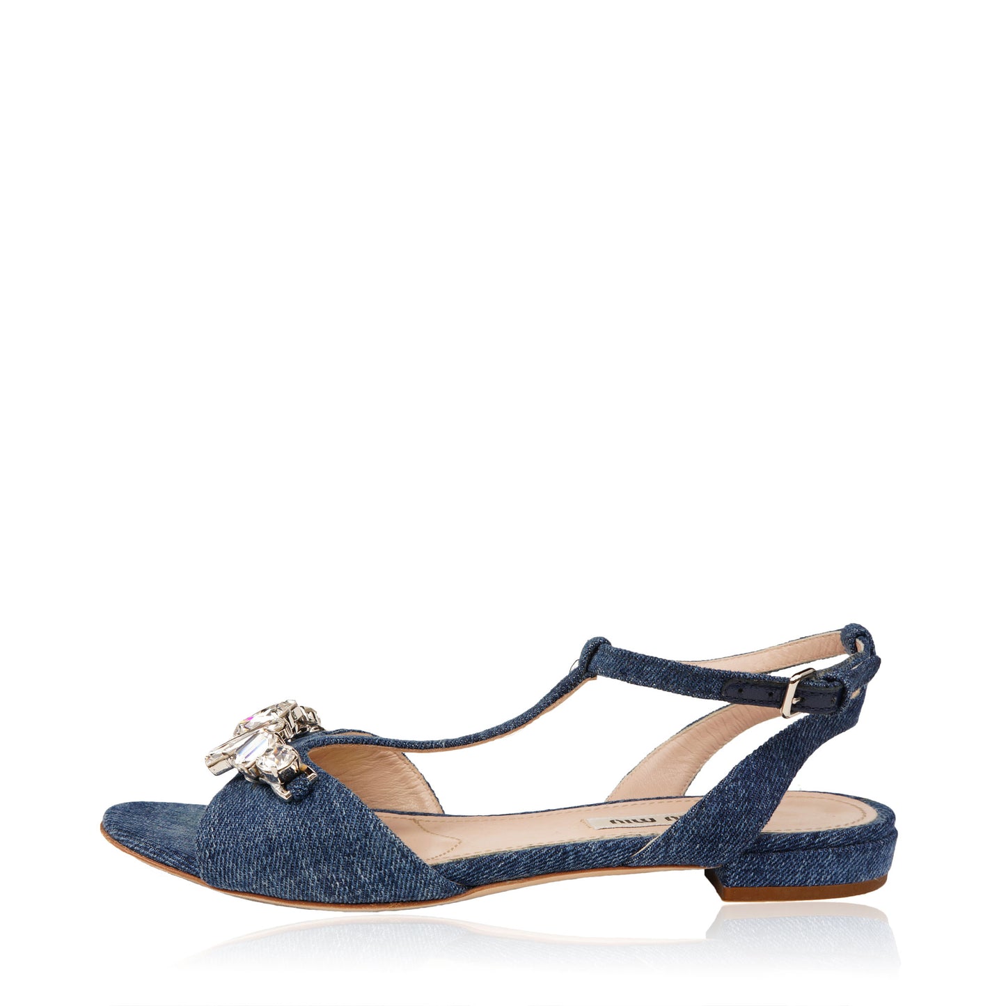 MIU MIU CRYSTAL EMBELLISHED DENIM SANDALS - leefluxury.com