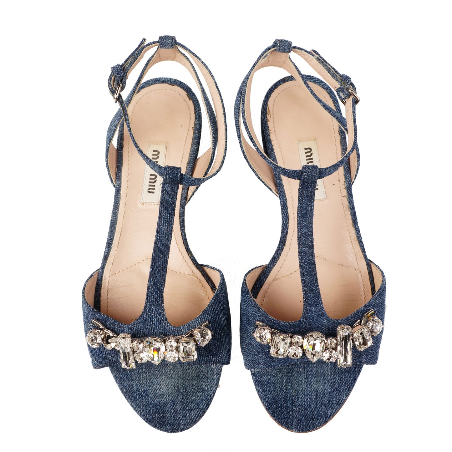 MIU MIU CRYSTAL EMBELLISHED DENIM SANDALS - leefluxury.com
