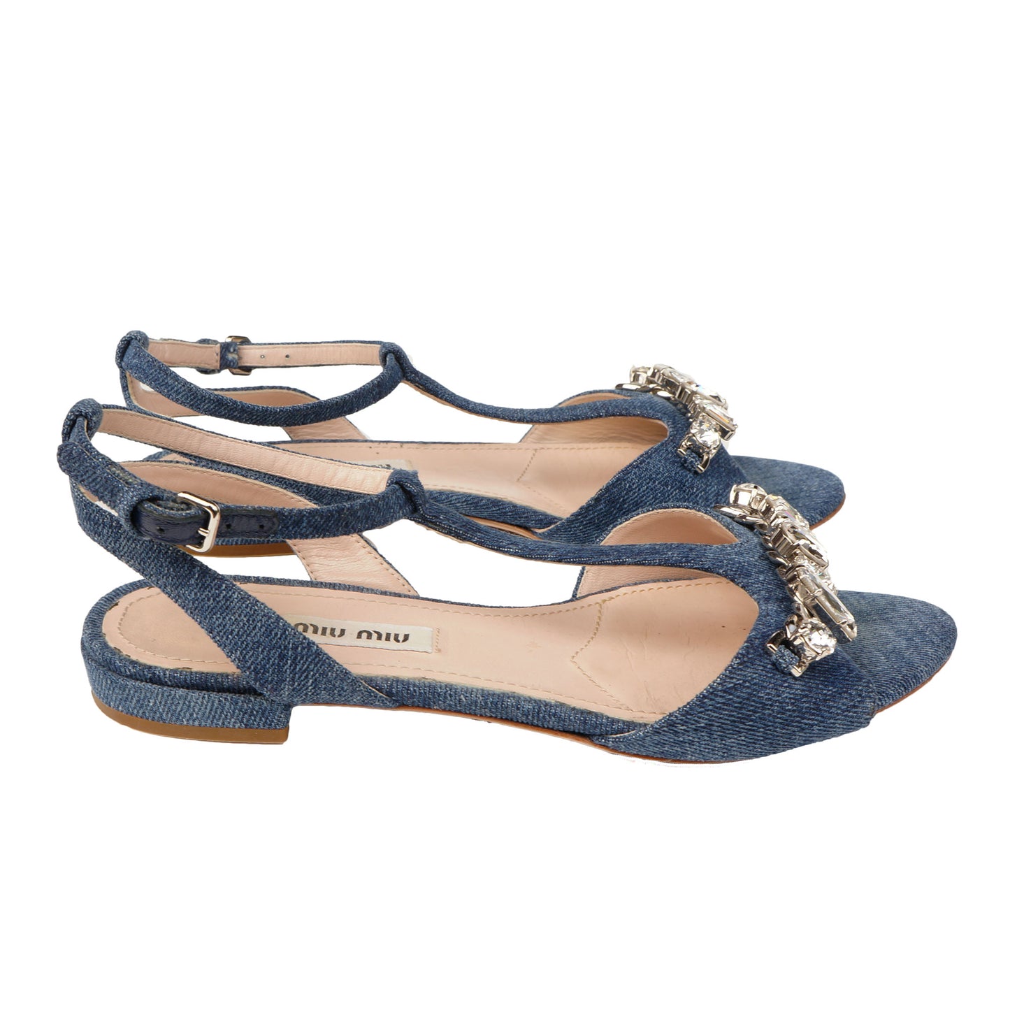 MIU MIU CRYSTAL EMBELLISHED DENIM SANDALS - leefluxury.com