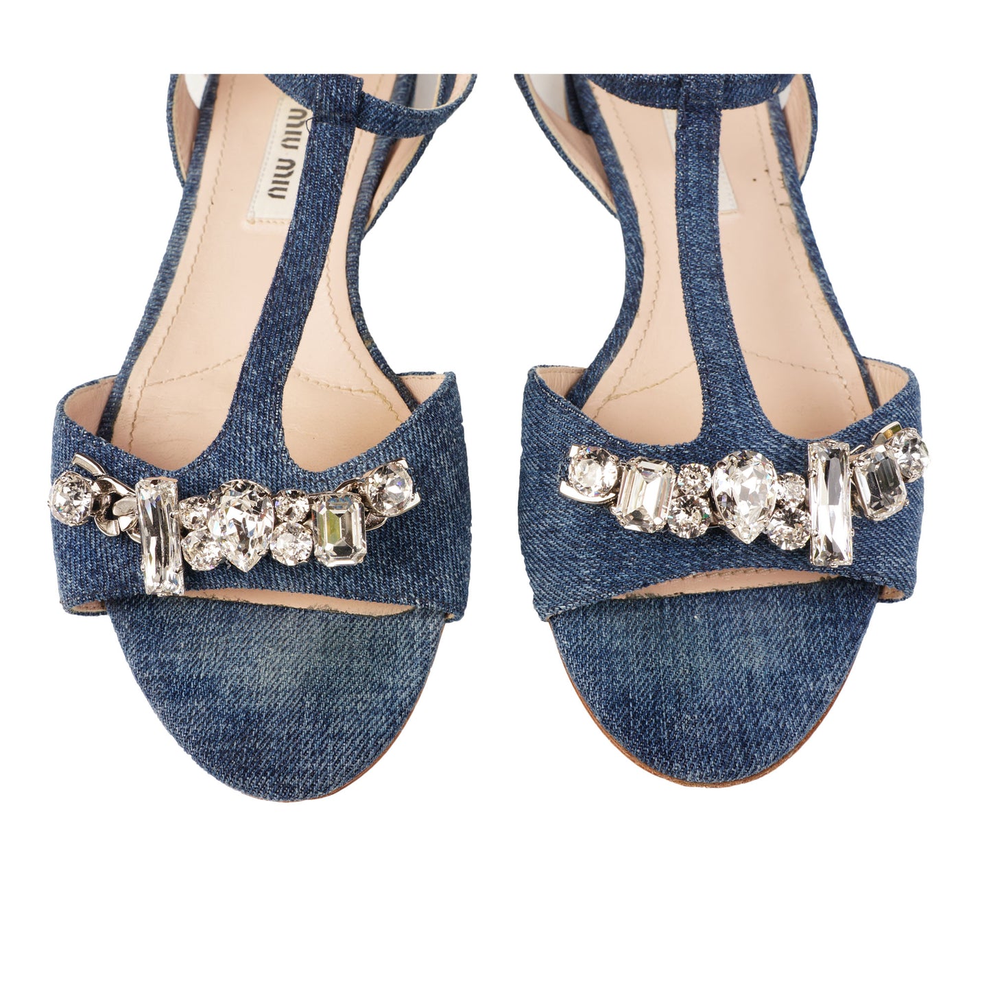 MIU MIU CRYSTAL EMBELLISHED DENIM SANDALS - leefluxury.com