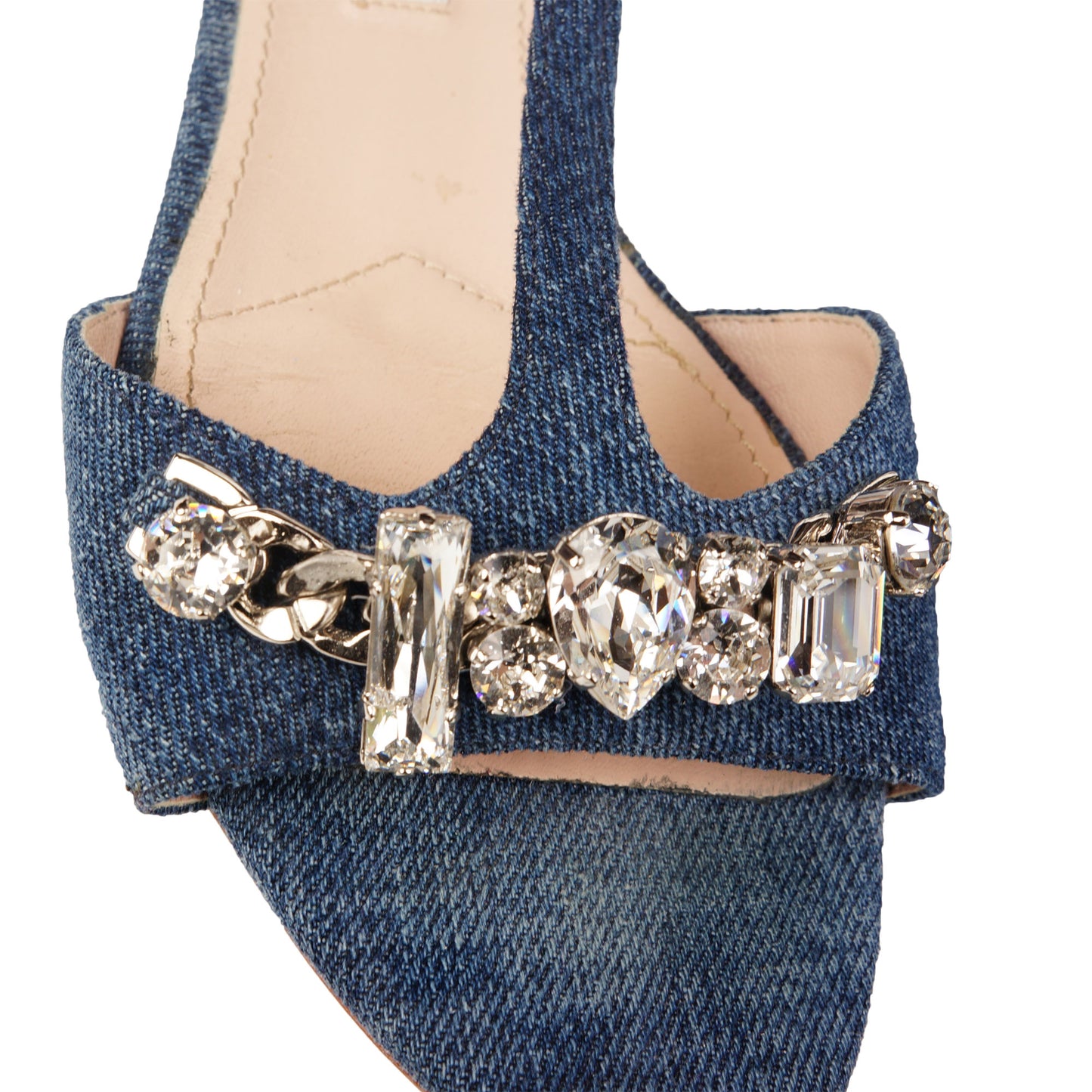 MIU MIU CRYSTAL EMBELLISHED DENIM SANDALS - leefluxury.com