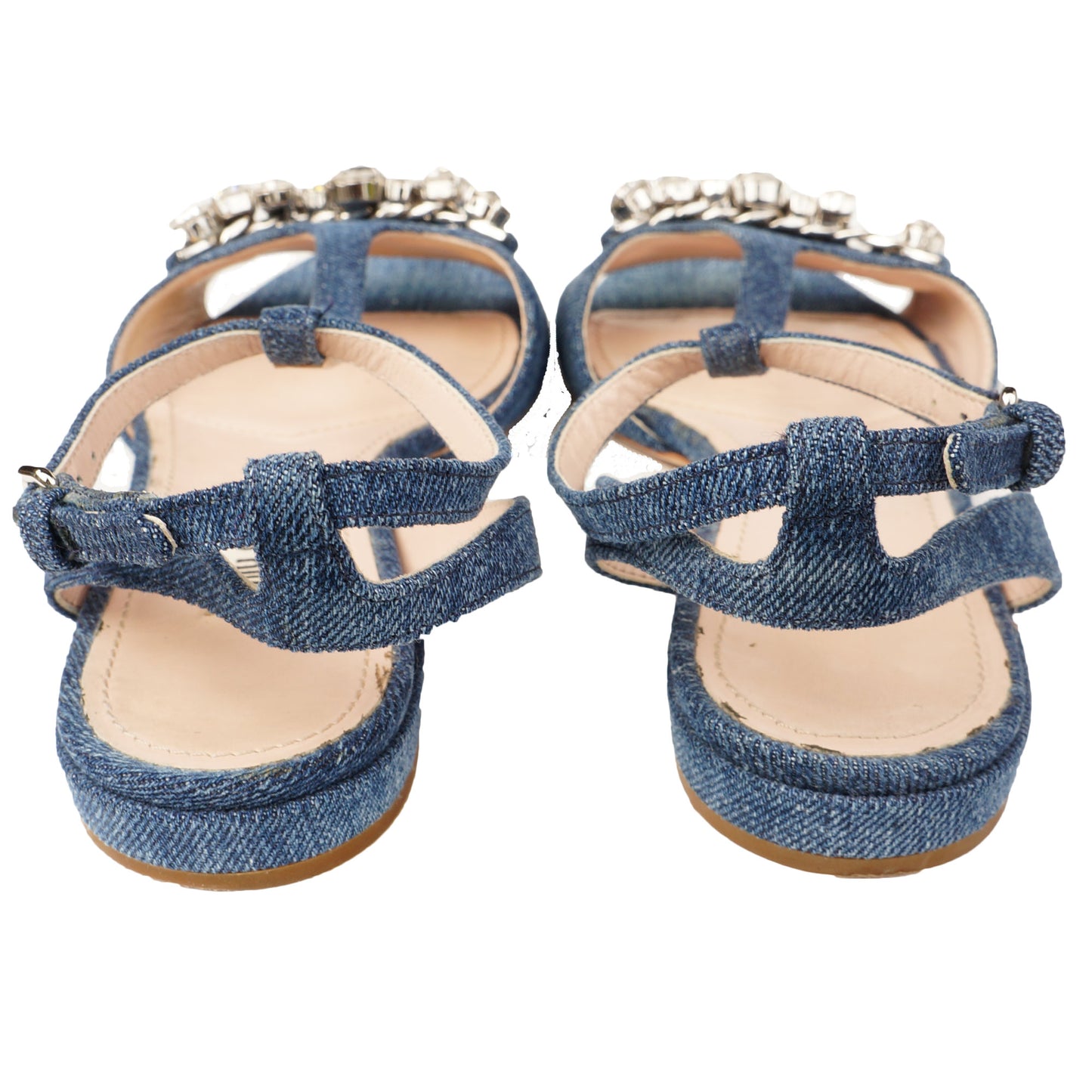 MIU MIU CRYSTAL EMBELLISHED DENIM SANDALS - leefluxury.com