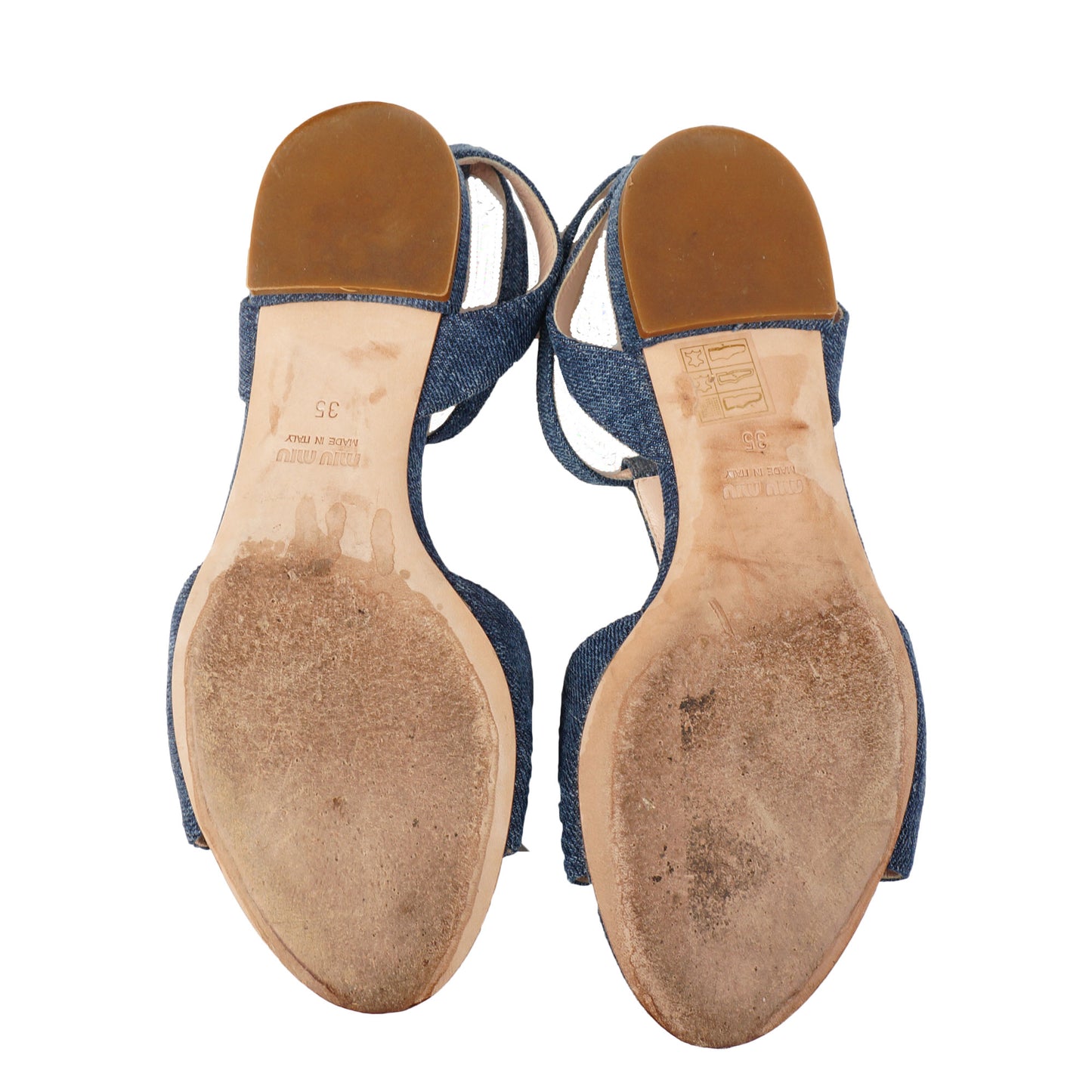 MIU MIU CRYSTAL EMBELLISHED DENIM SANDALS - leefluxury.com