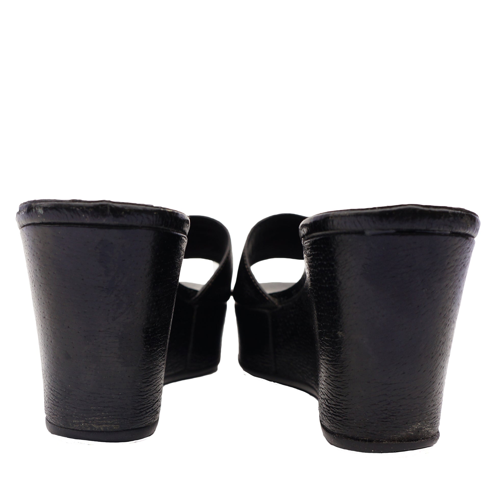 PRADA BLACK LEATHER PLATFORM WEDGE SANDAL - leefluxury.com