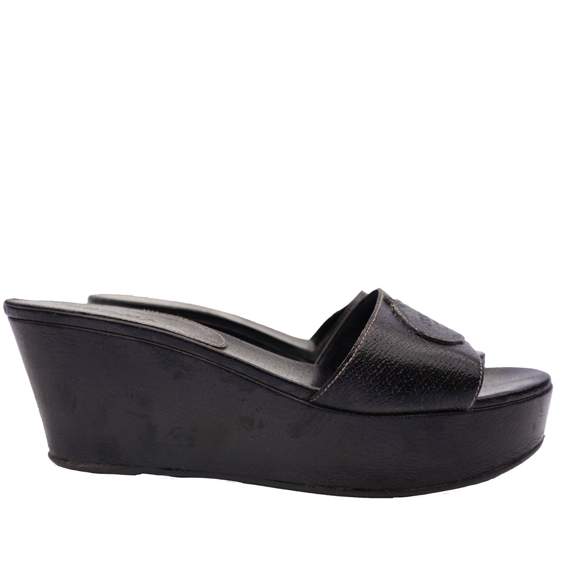 PRADA BLACK LEATHER PLATFORM WEDGE SANDAL - leefluxury.com