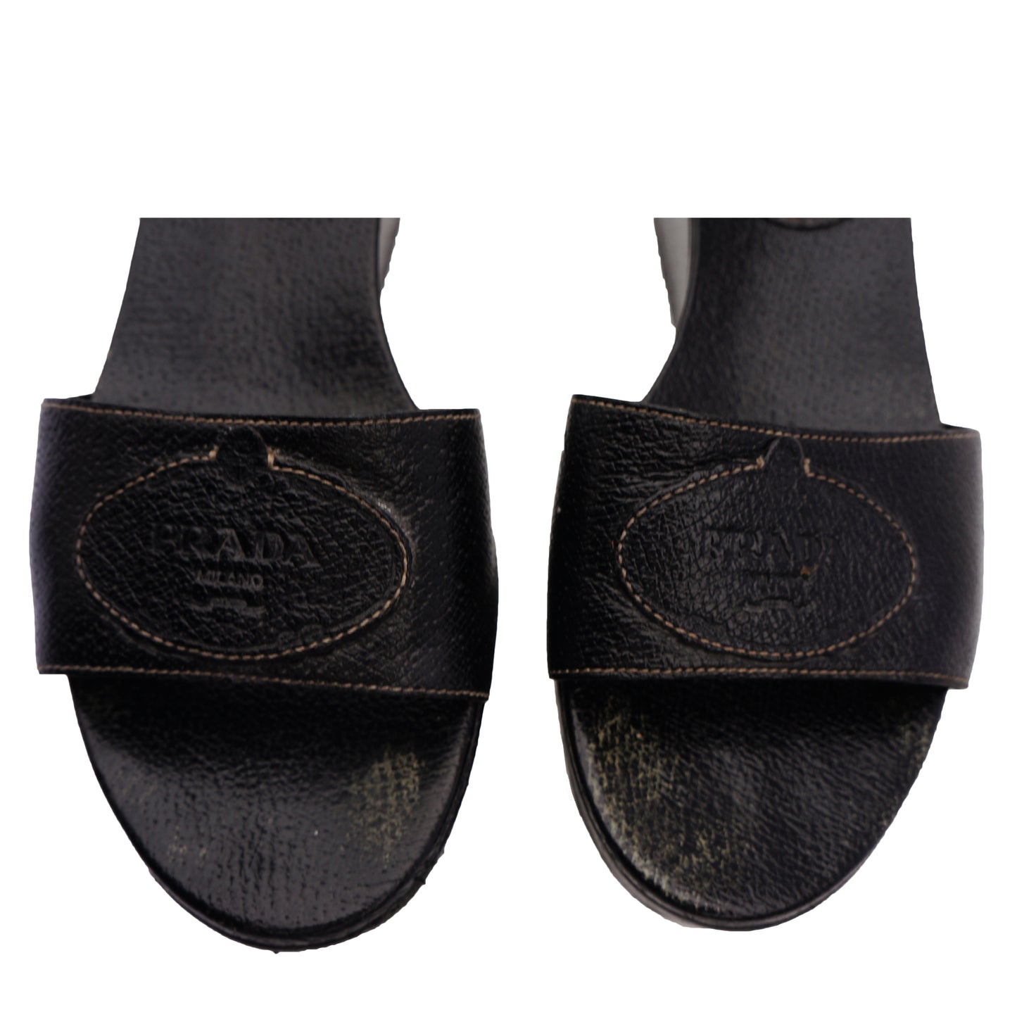 PRADA BLACK LEATHER PLATFORM WEDGE SANDAL - leefluxury.com