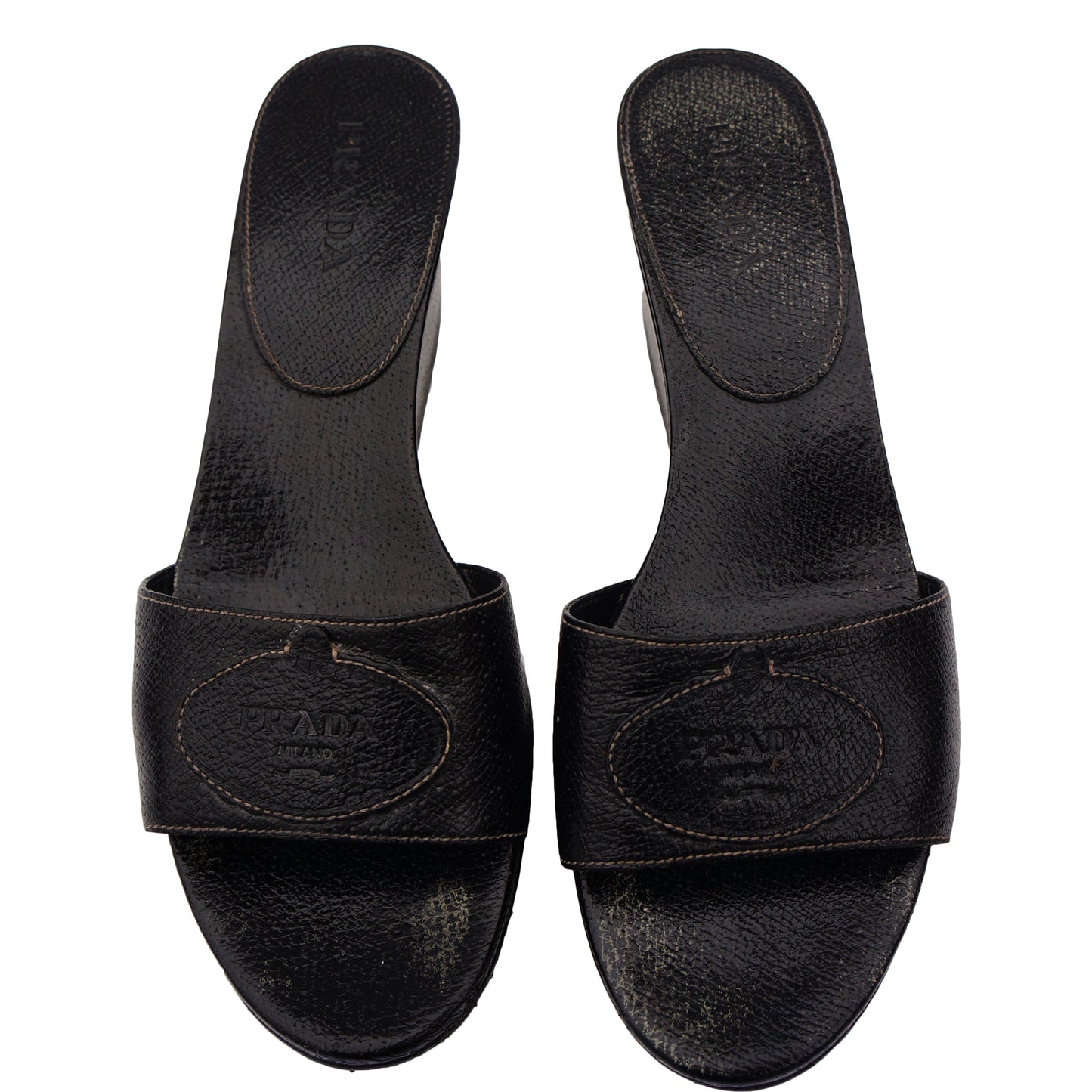 PRADA BLACK LEATHER PLATFORM WEDGE SANDAL - leefluxury.com