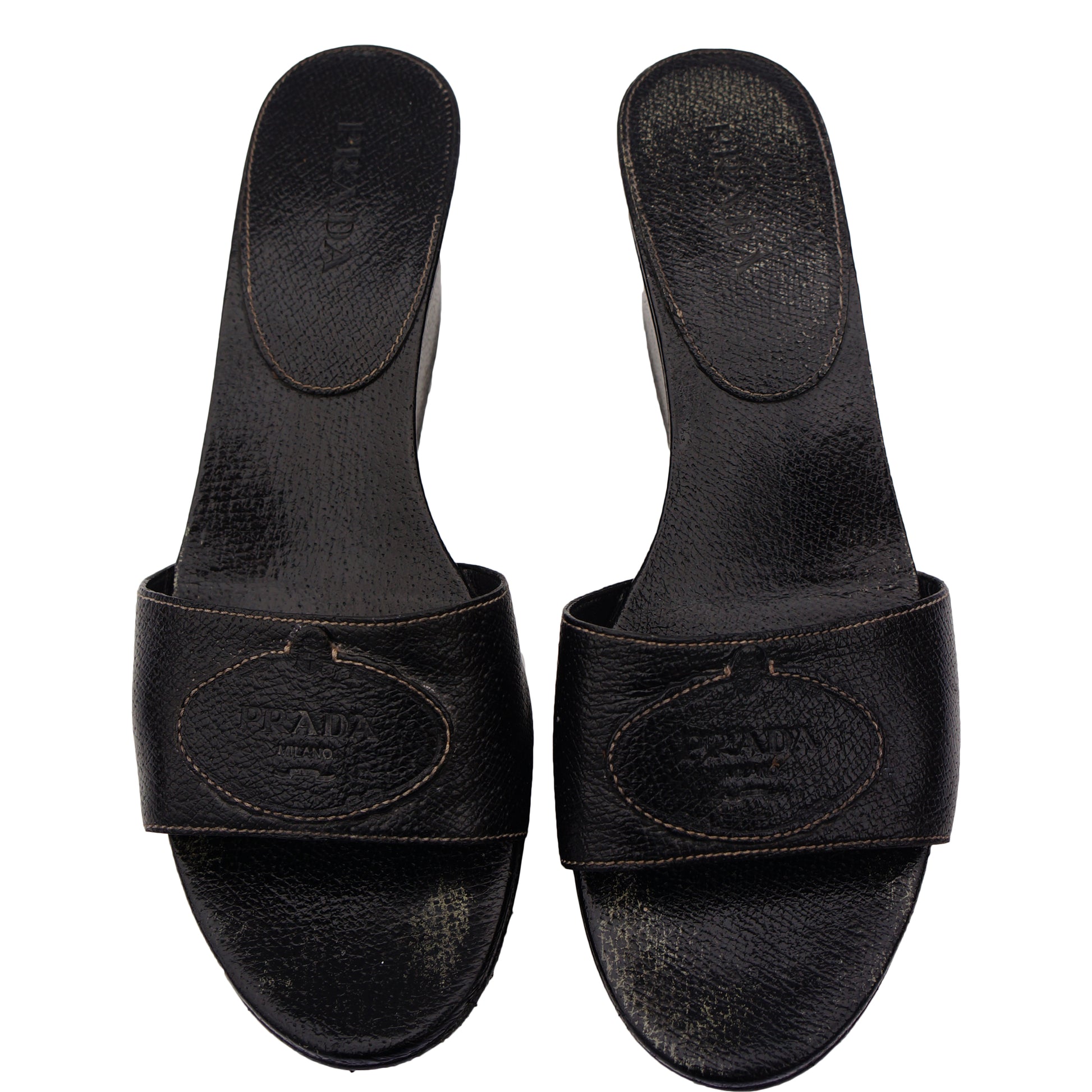 PRADA BLACK LEATHER PLATFORM WEDGE SANDAL - leefluxury.com