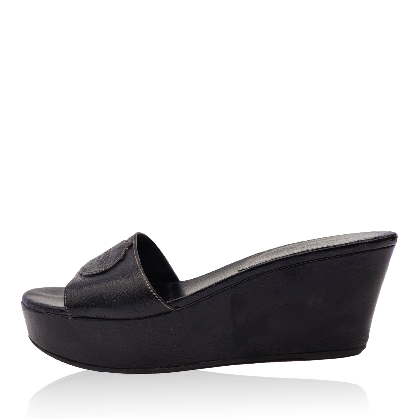 PRADA BLACK LEATHER PLATFORM WEDGE SANDAL - leefluxury.com