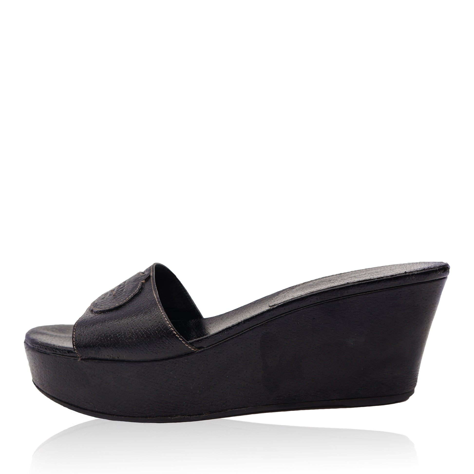 PRADA BLACK LEATHER PLATFORM WEDGE SANDAL - leefluxury.com
