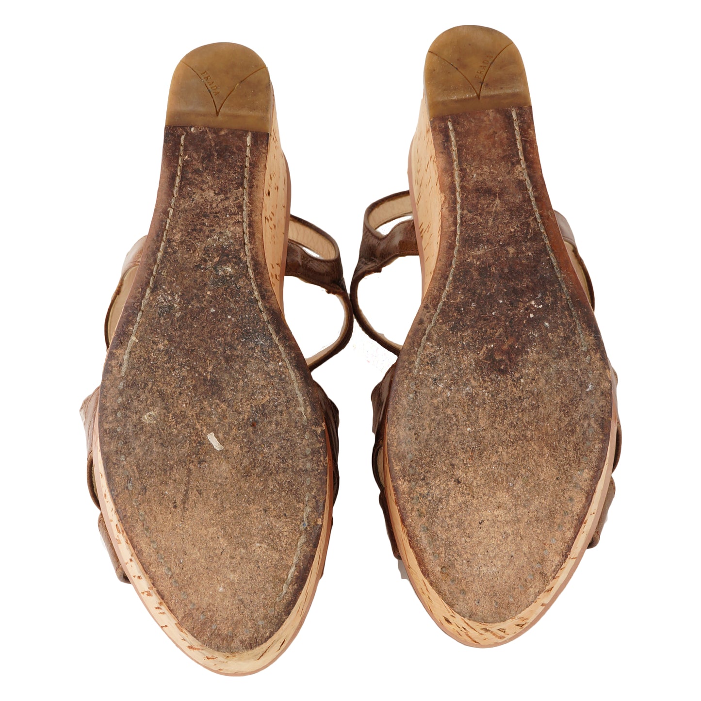 PRADA BROWN LEATHER WEDGE SANDALS - leefluxury.com