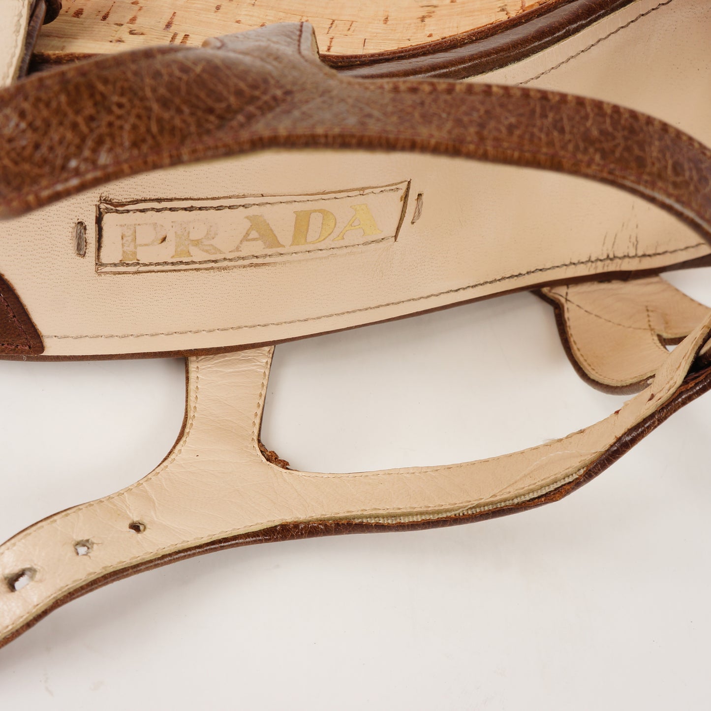PRADA BROWN LEATHER WEDGE SANDALS - leefluxury.com