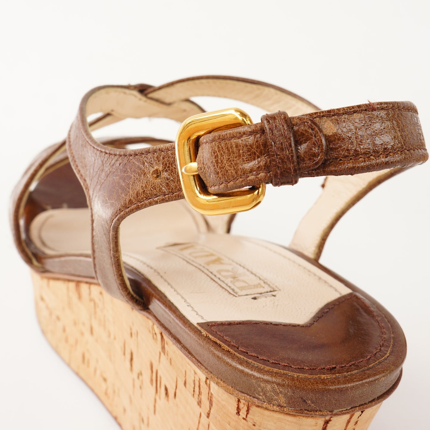PRADA BROWN LEATHER WEDGE SANDALS - leefluxury.com