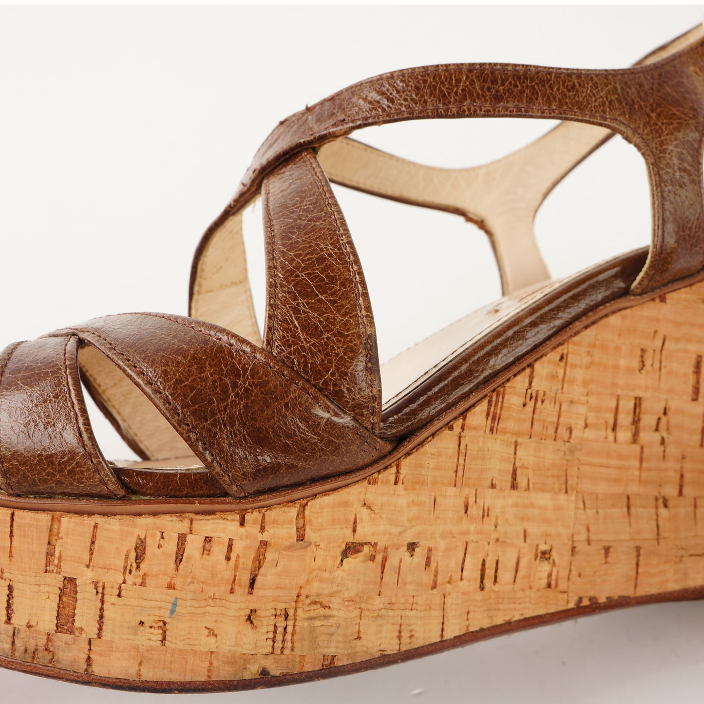 PRADA BROWN LEATHER WEDGE SANDALS - leefluxury.com