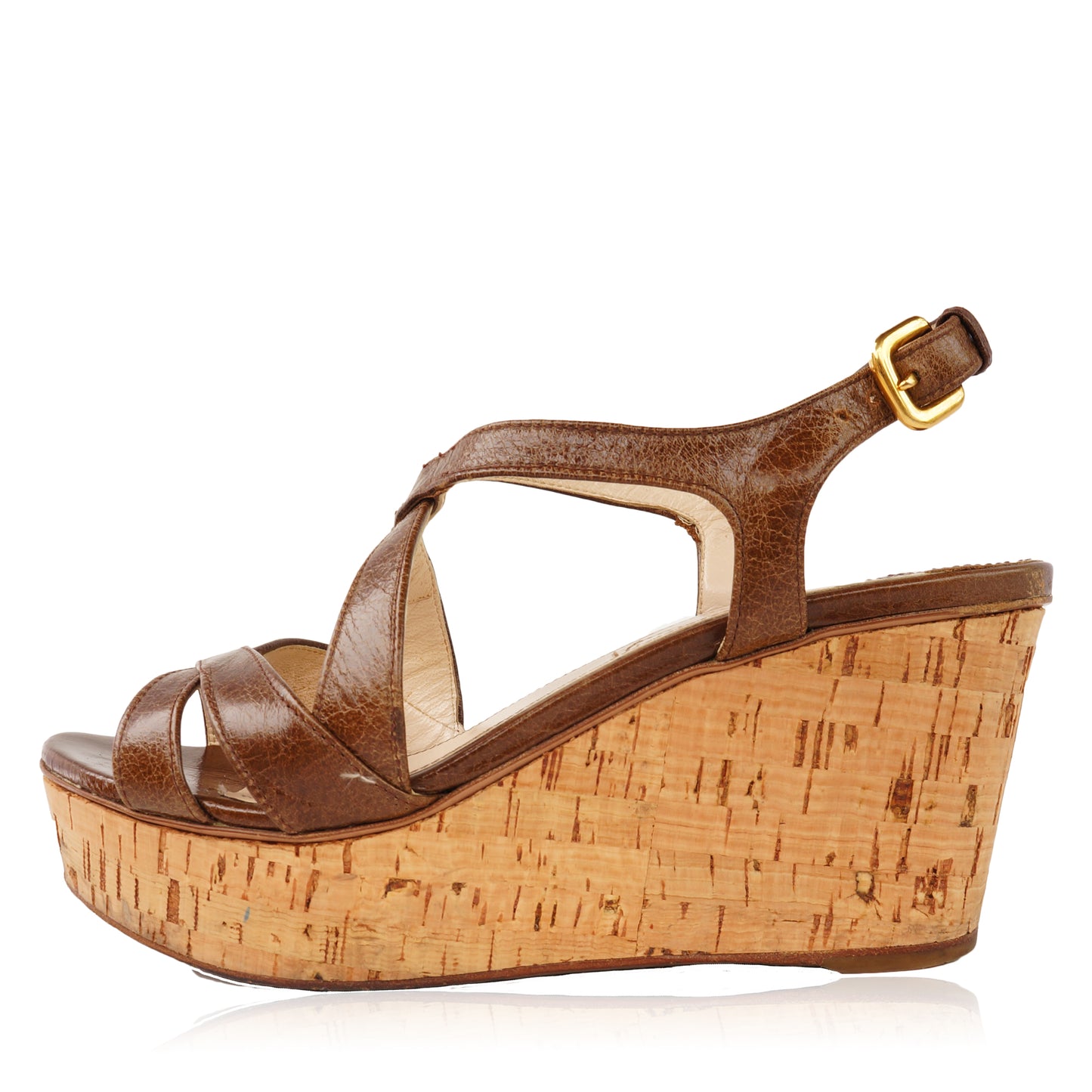 PRADA BROWN LEATHER WEDGE SANDALS - leefluxury.com