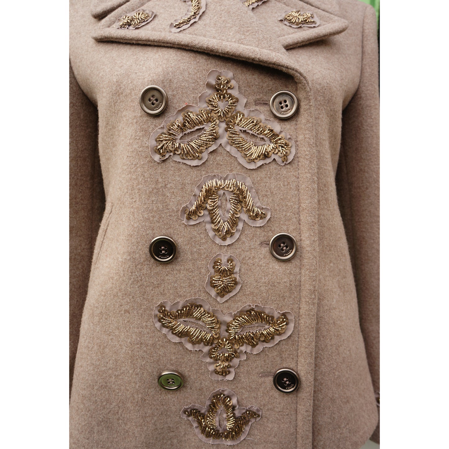 PRADA RUNWAY SEQUIEN EMBELLISHED WOOL PEACOAT - leefluxury.com