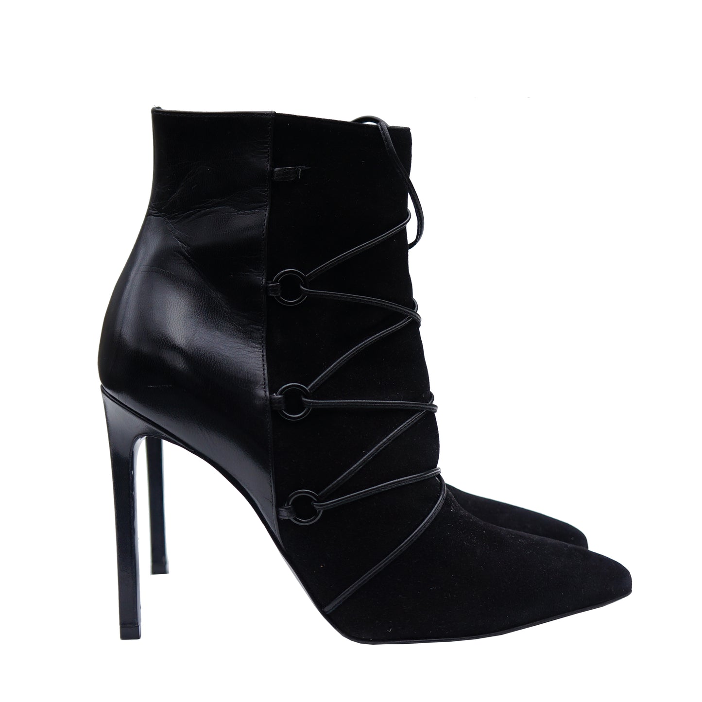 SAINT LAURENT BLACK SUEDE LEATHER LACE ANKLE BOOT - leefluxury.com