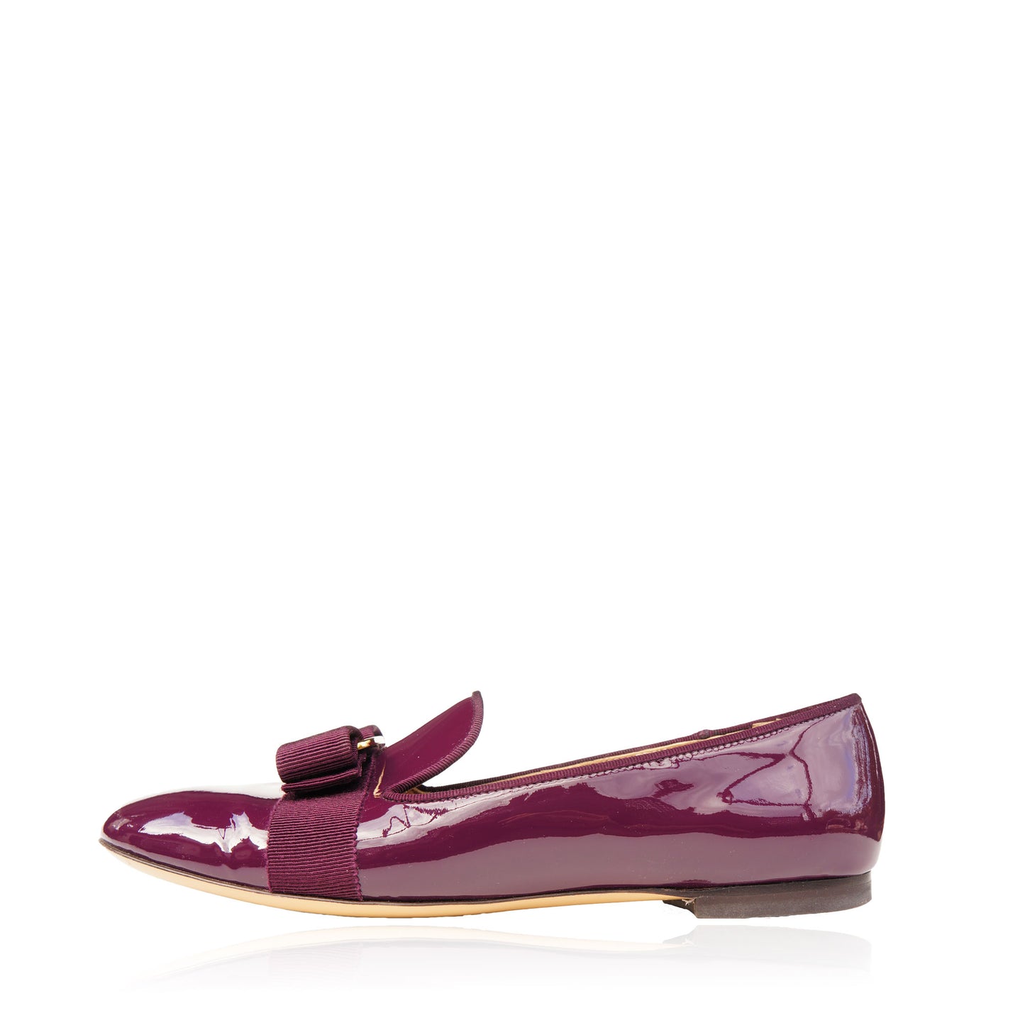 SALVATORE FERRAGAMO WINE PATENT LEATHER VERA BOW PATENT LEATHER BALLET FLATS - leefluxury.com