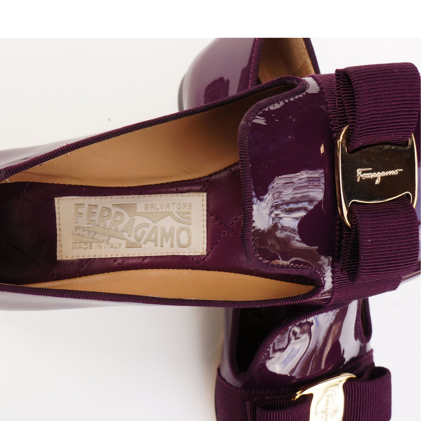 SALVATORE FERRAGAMO WINE PATENT LEATHER VERA BOW PATENT LEATHER BALLET FLATS - leefluxury.com
