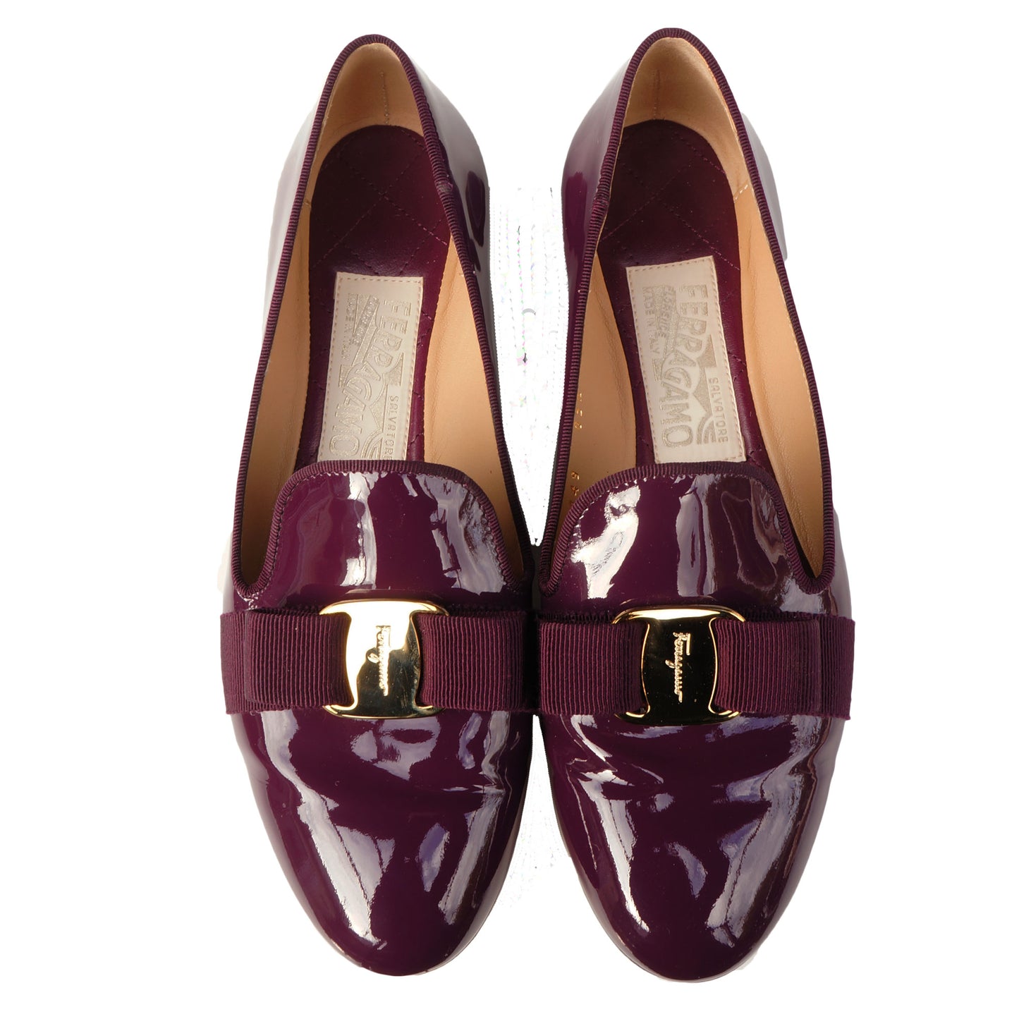SALVATORE FERRAGAMO WINE PATENT LEATHER VERA BOW PATENT LEATHER BALLET FLATS - leefluxury.com