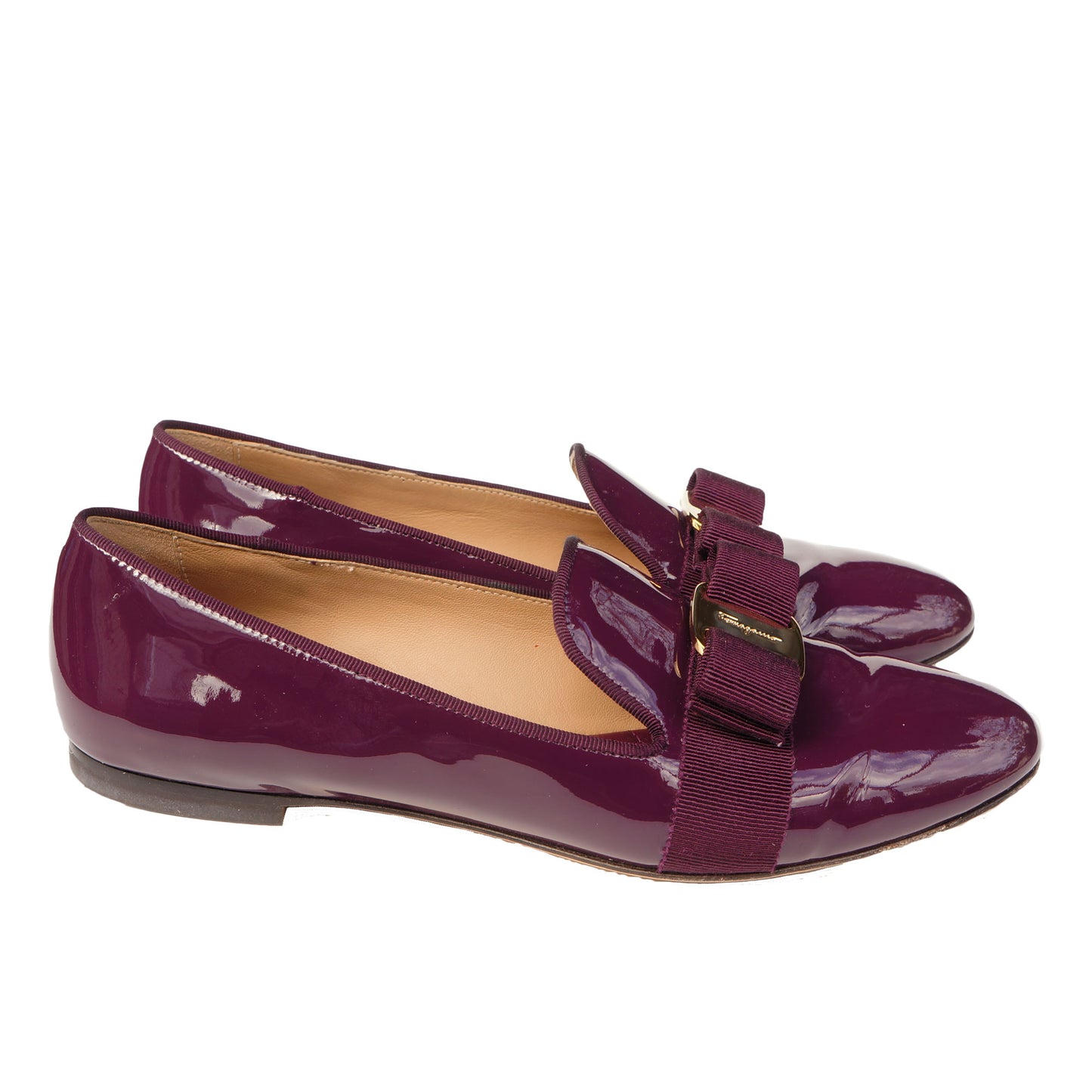 SALVATORE FERRAGAMO WINE PATENT LEATHER VERA BOW PATENT LEATHER BALLET FLATS - leefluxury.com