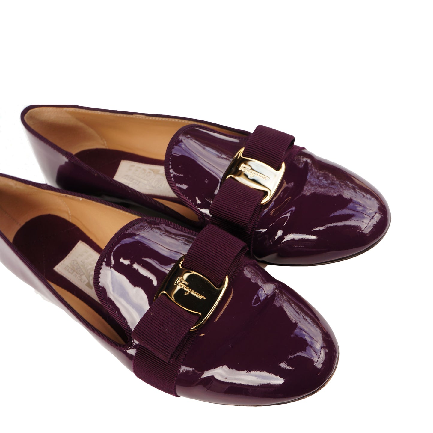SALVATORE FERRAGAMO WINE PATENT LEATHER VERA BOW PATENT LEATHER BALLET FLATS - leefluxury.com