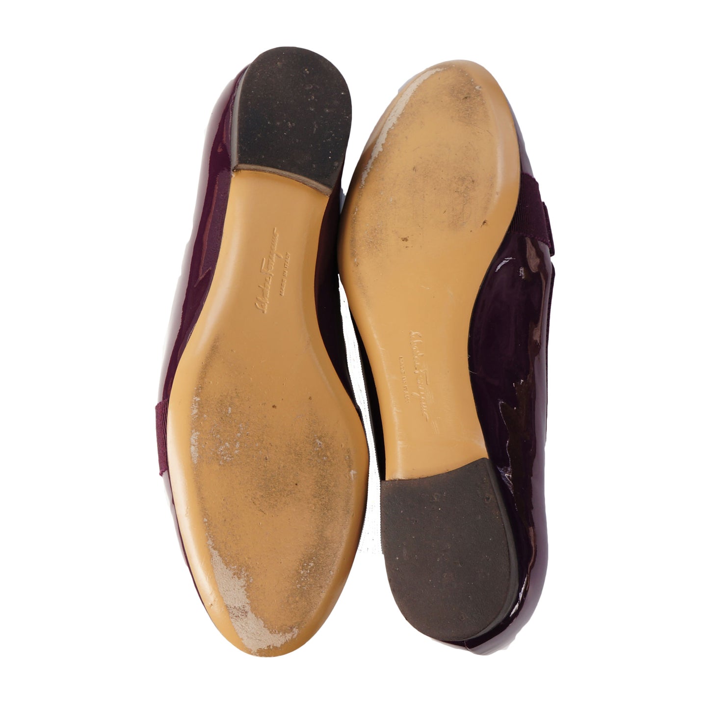 SALVATORE FERRAGAMO WINE PATENT LEATHER VERA BOW PATENT LEATHER BALLET FLATS - leefluxury.com
