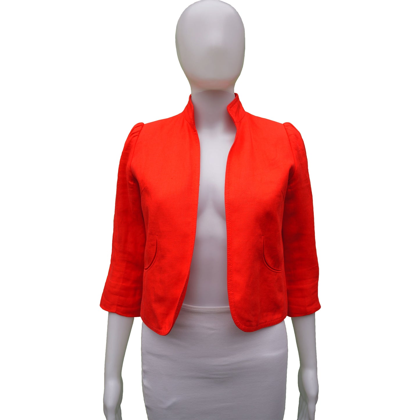 SMYTHE CROPPED RED LINEN OPEN FRONT BLAZER JACKET - leefluxury.com