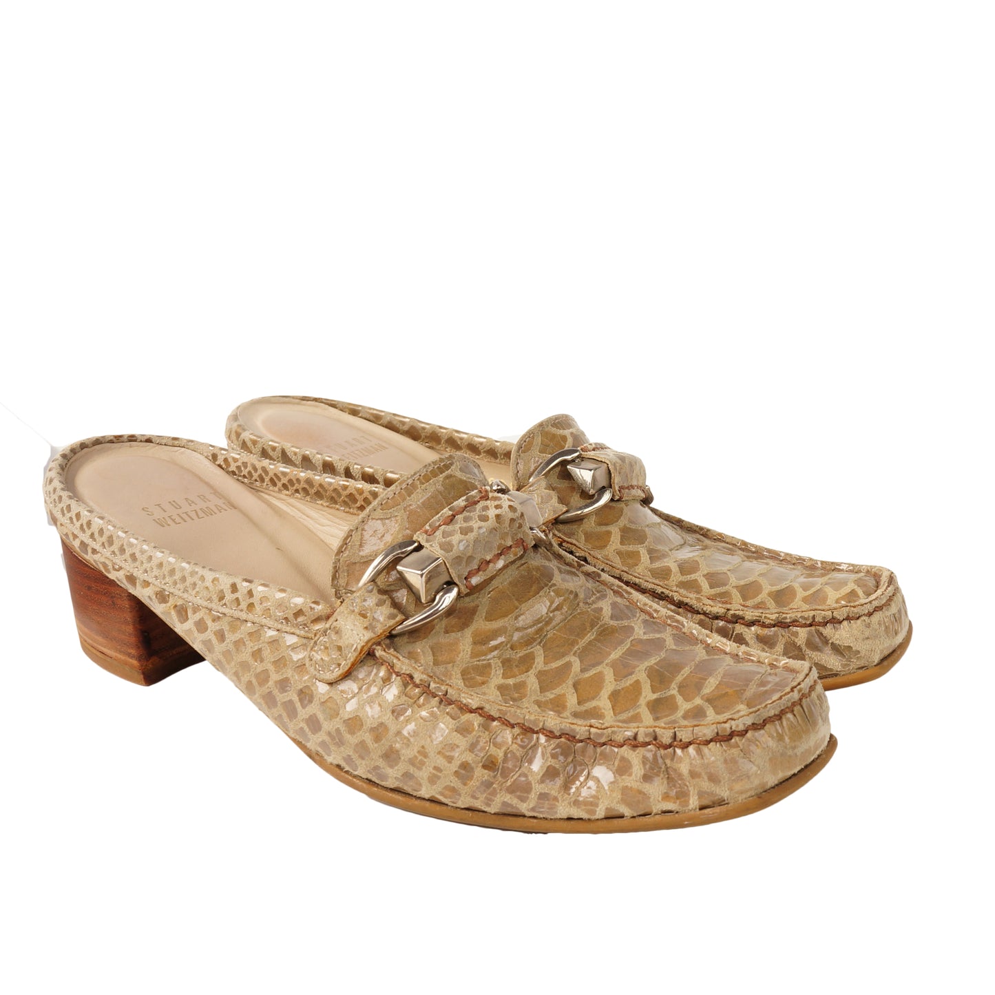 STUART WEITZMAN EMBOSSED LEATHER SQUARE TOE MULE SHOES - leefluxury.com