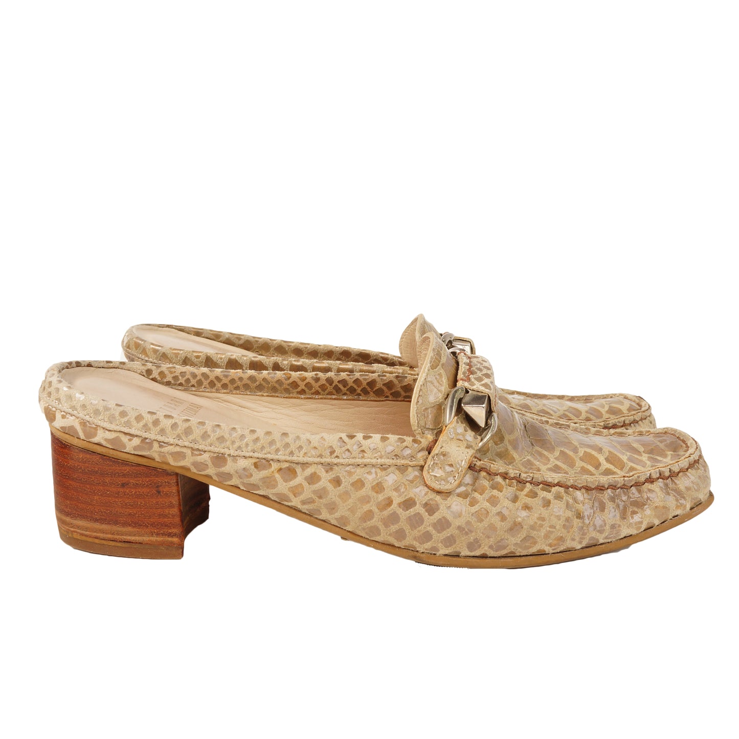STUART WEITZMAN EMBOSSED LEATHER SQUARE TOE MULE SHOES - leefluxury.com