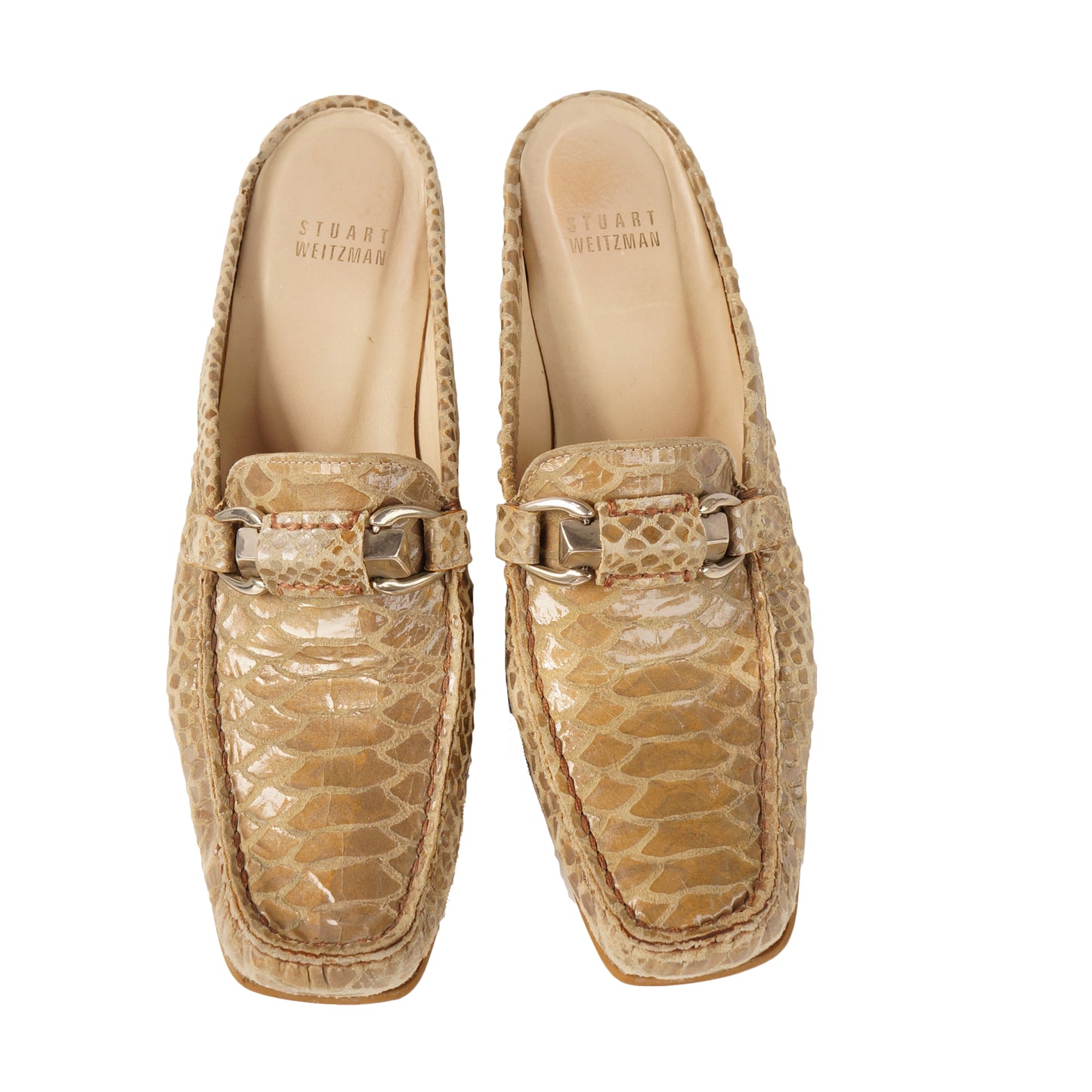 STUART WEITZMAN EMBOSSED LEATHER SQUARE TOE MULE SHOES - leefluxury.com