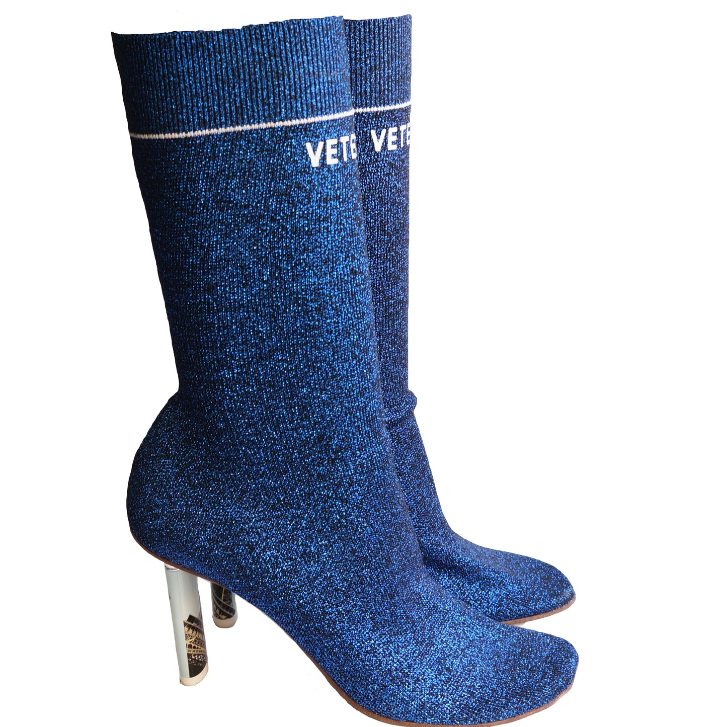 VETEMENTS BLUE LUREX EIFFEL TOWER LIGHTER SOCK BOOT - leefluxury.com