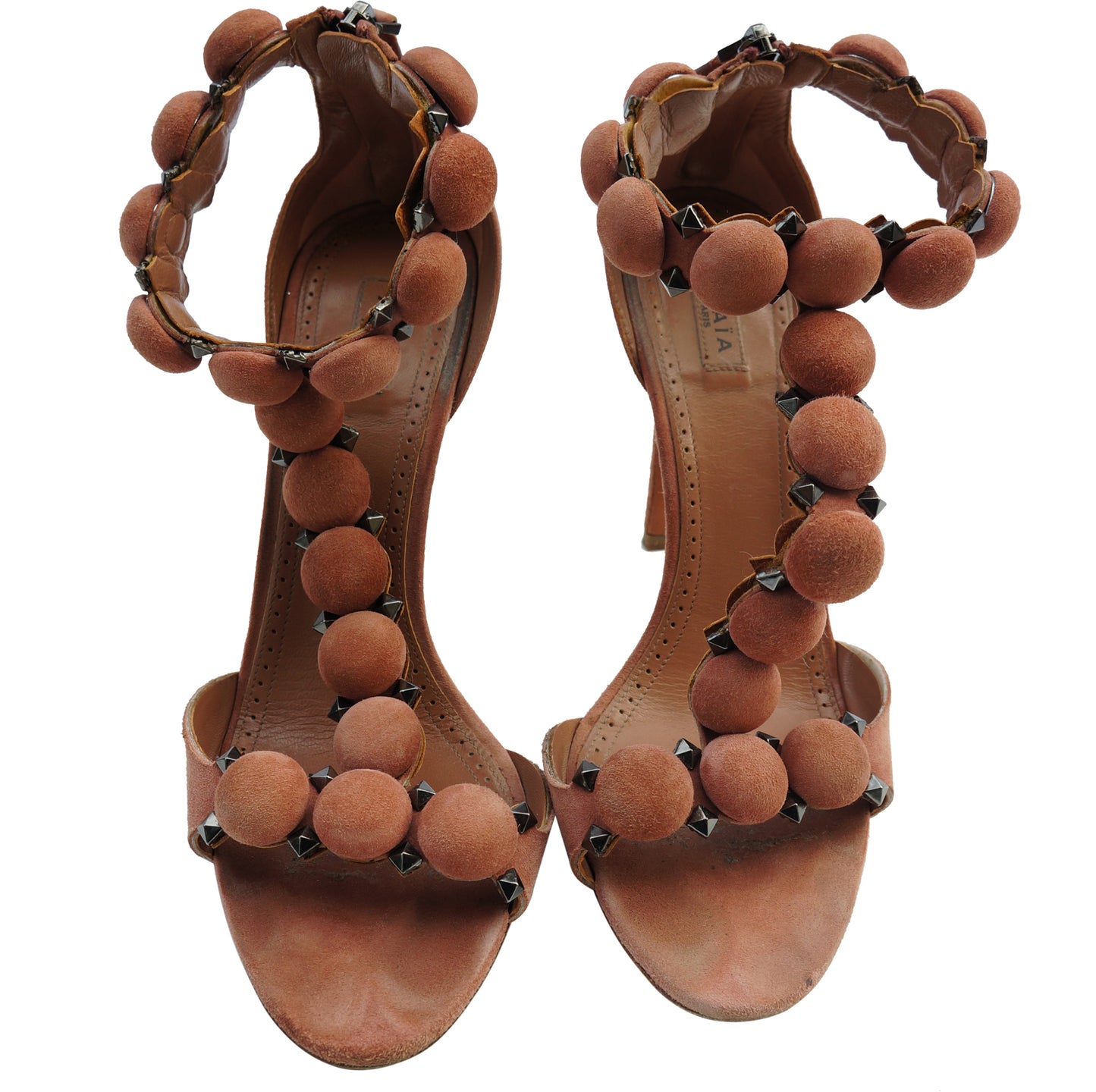 ALAÏA CHAMOIS BOMBE STUDDED SUEDE SANDALS - leefluxury.com