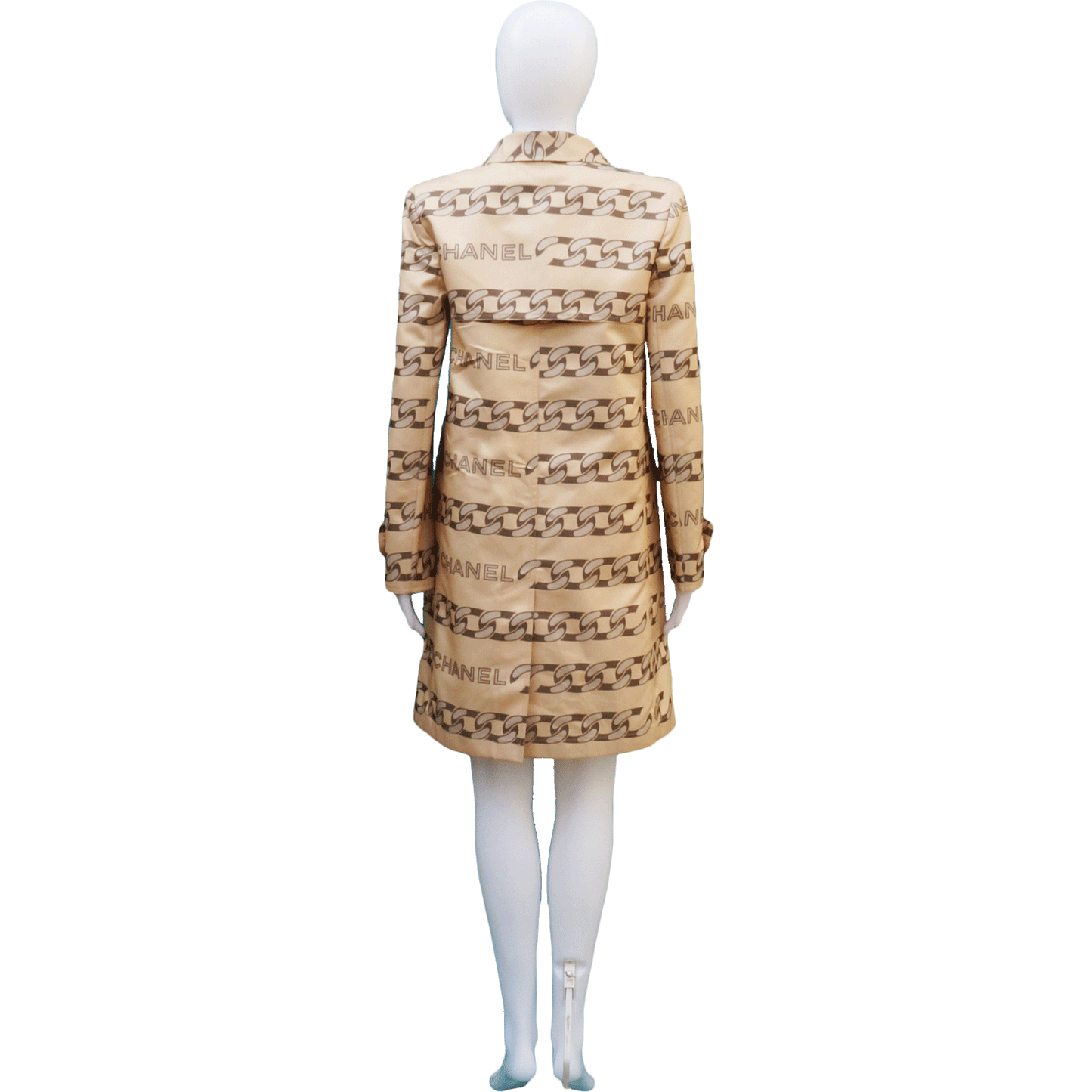 CHANEL LOGO & CHAIN-LINK PRINTED TRENCH COAT - leefluxury.com