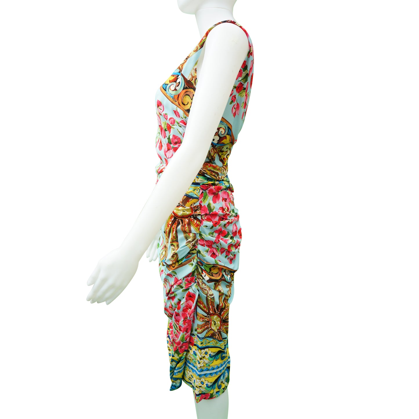 DOLCE & GABBANA ROSE PRINT RUCHED DRESS - leefluxury.com