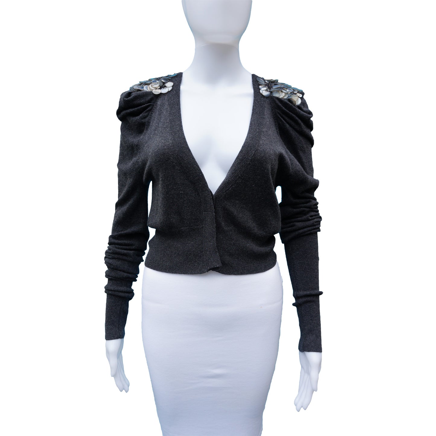 LINE VNECK EMBELLISHED SHOULDERS CARDIGAN - leefluxury.com